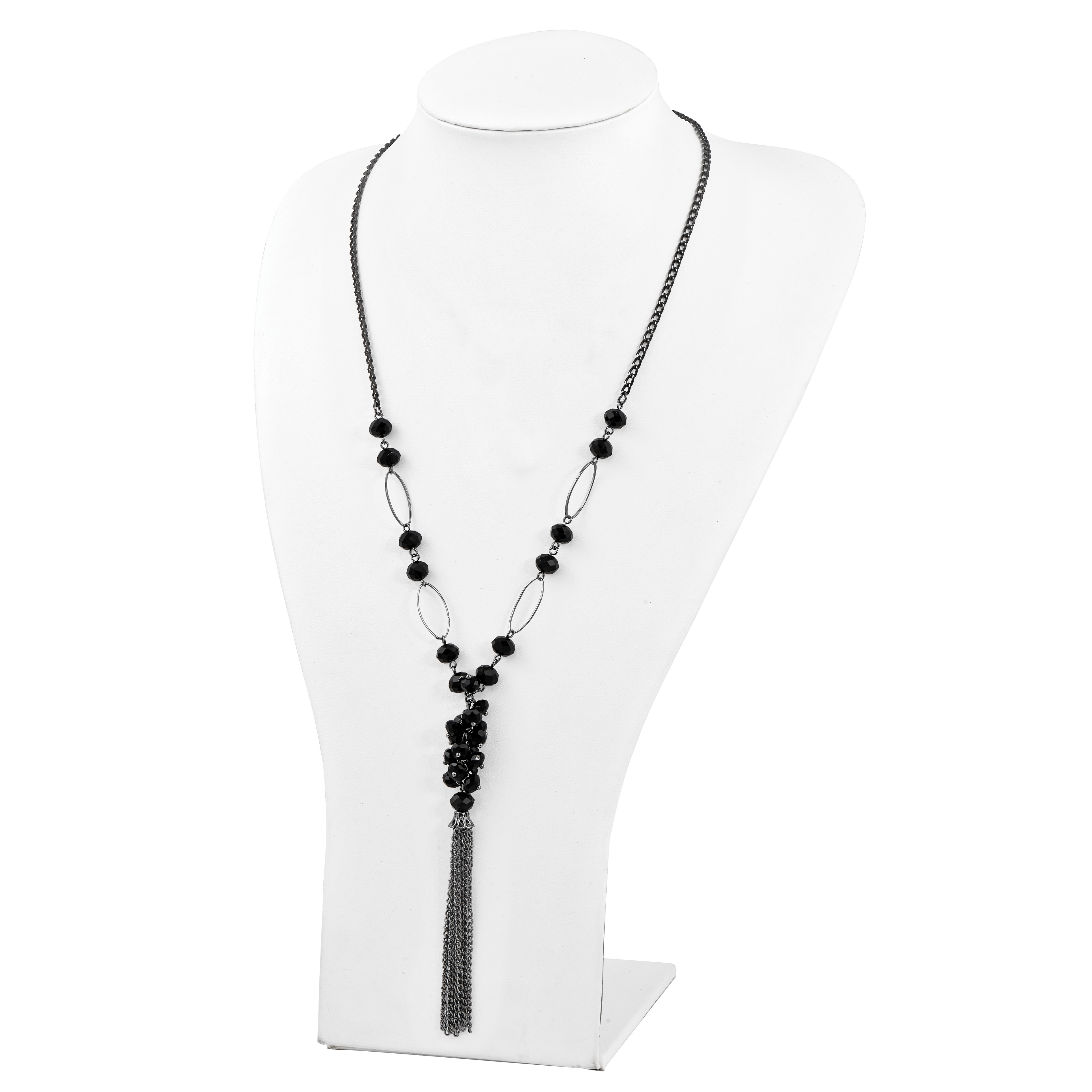 1928 Jewelry Black-plated Link Jet Black Faceted Acrylic Beaded Cluster 28 inch Tassel Necklace
