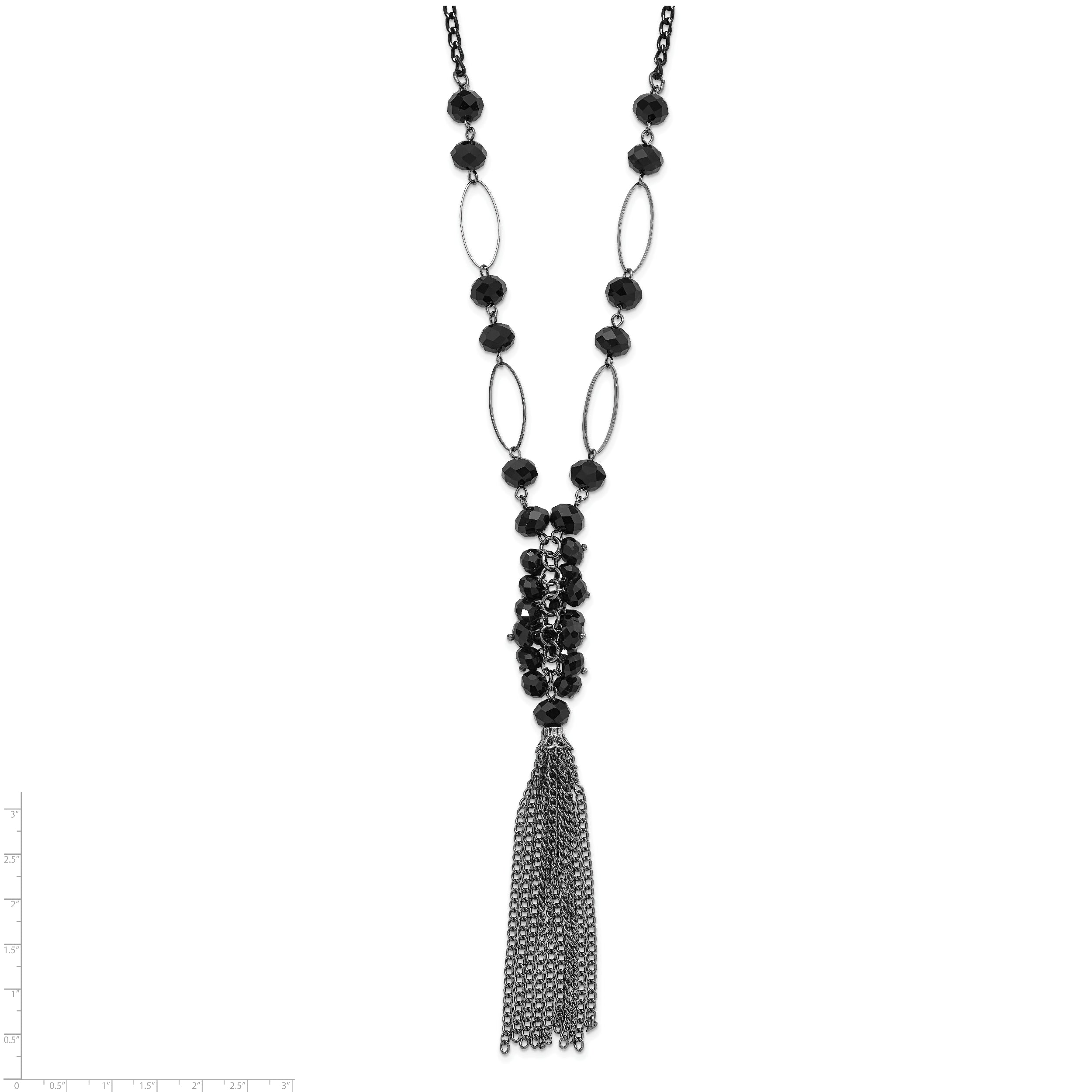 1928 Jewelry Black-plated Link Jet Black Faceted Acrylic Beaded Cluster 28 inch Tassel Necklace