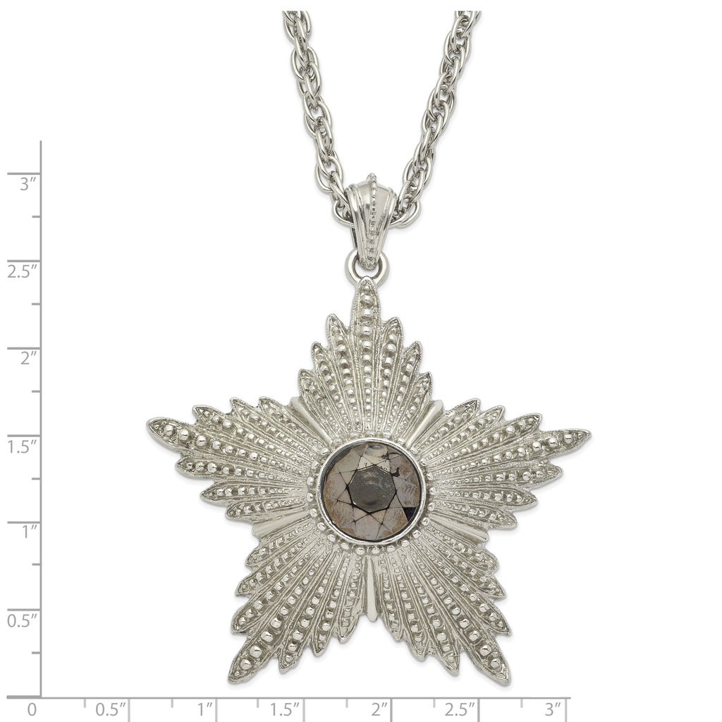 1928 Jewelry Large Silver-tone Textured Hematite Epoxy Faceted Stone Center Star 32 inch Necklace