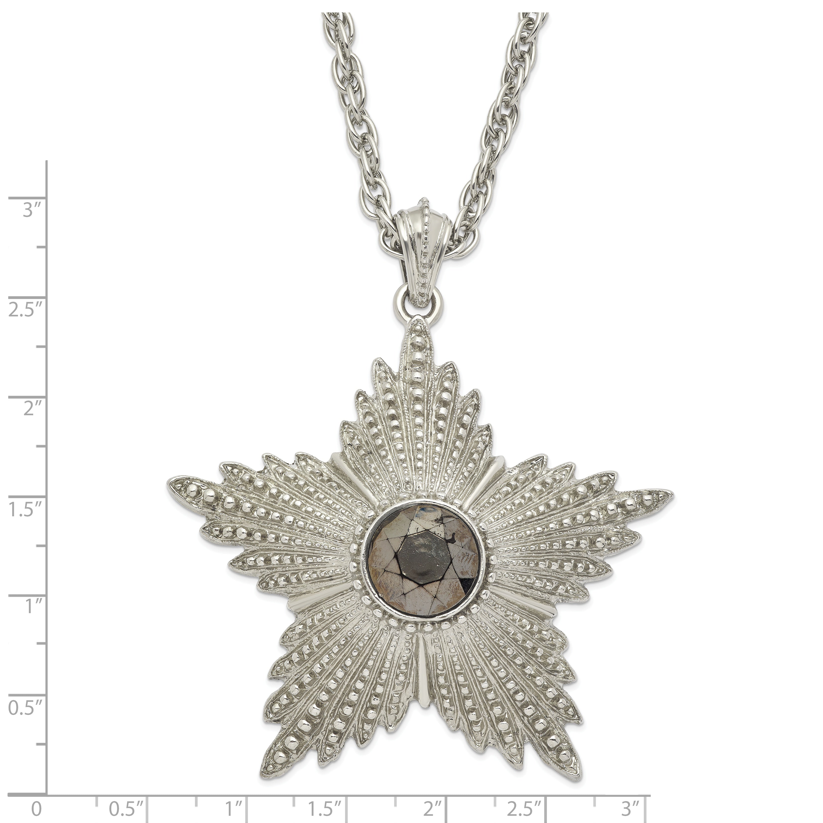 1928 Jewelry Large Silver-tone Textured Hematite Epoxy Faceted Stone Center Star 32 inch Necklace