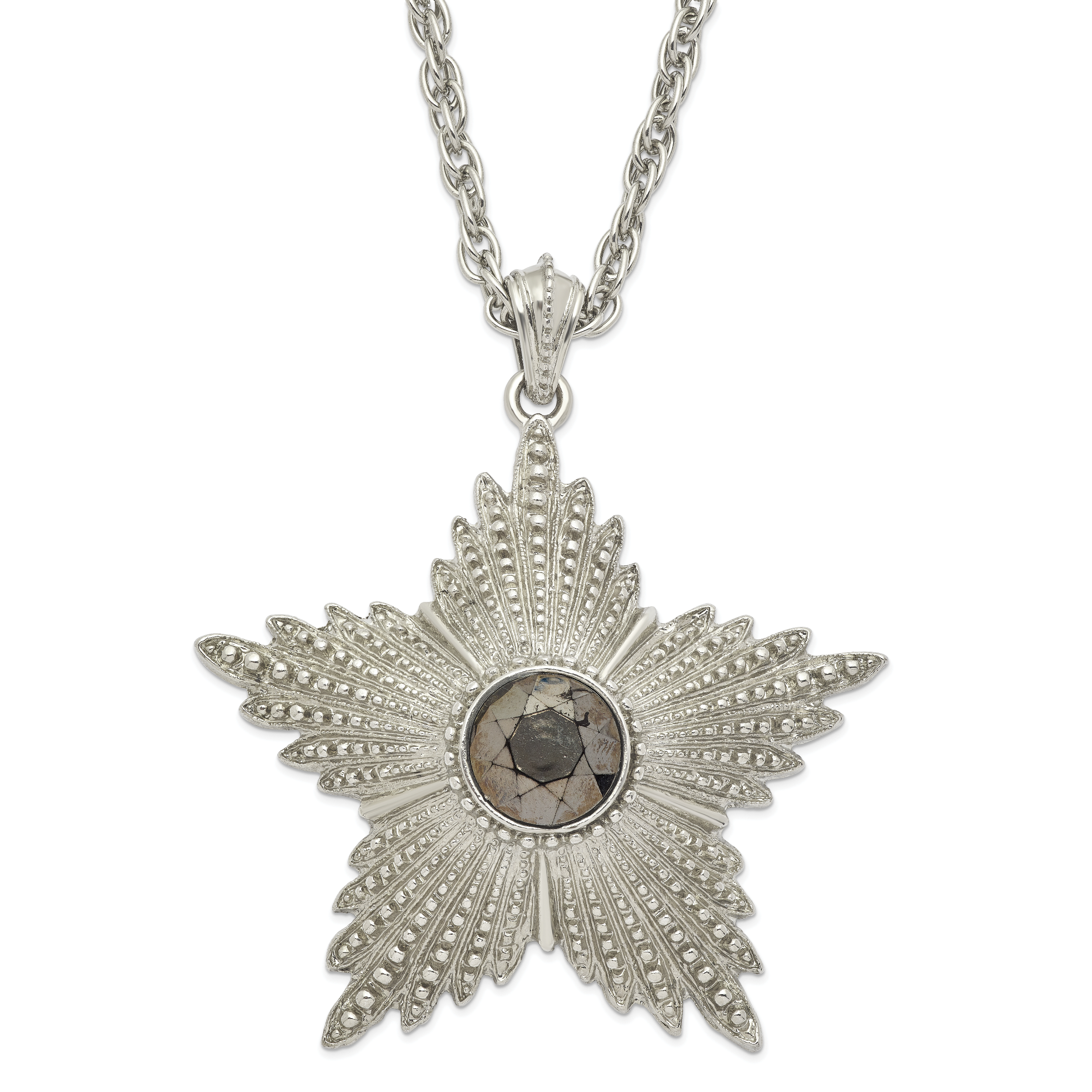 1928 Jewelry Large Silver-tone Textured Hematite Epoxy Faceted Stone Center Star 32 inch Necklace Main image