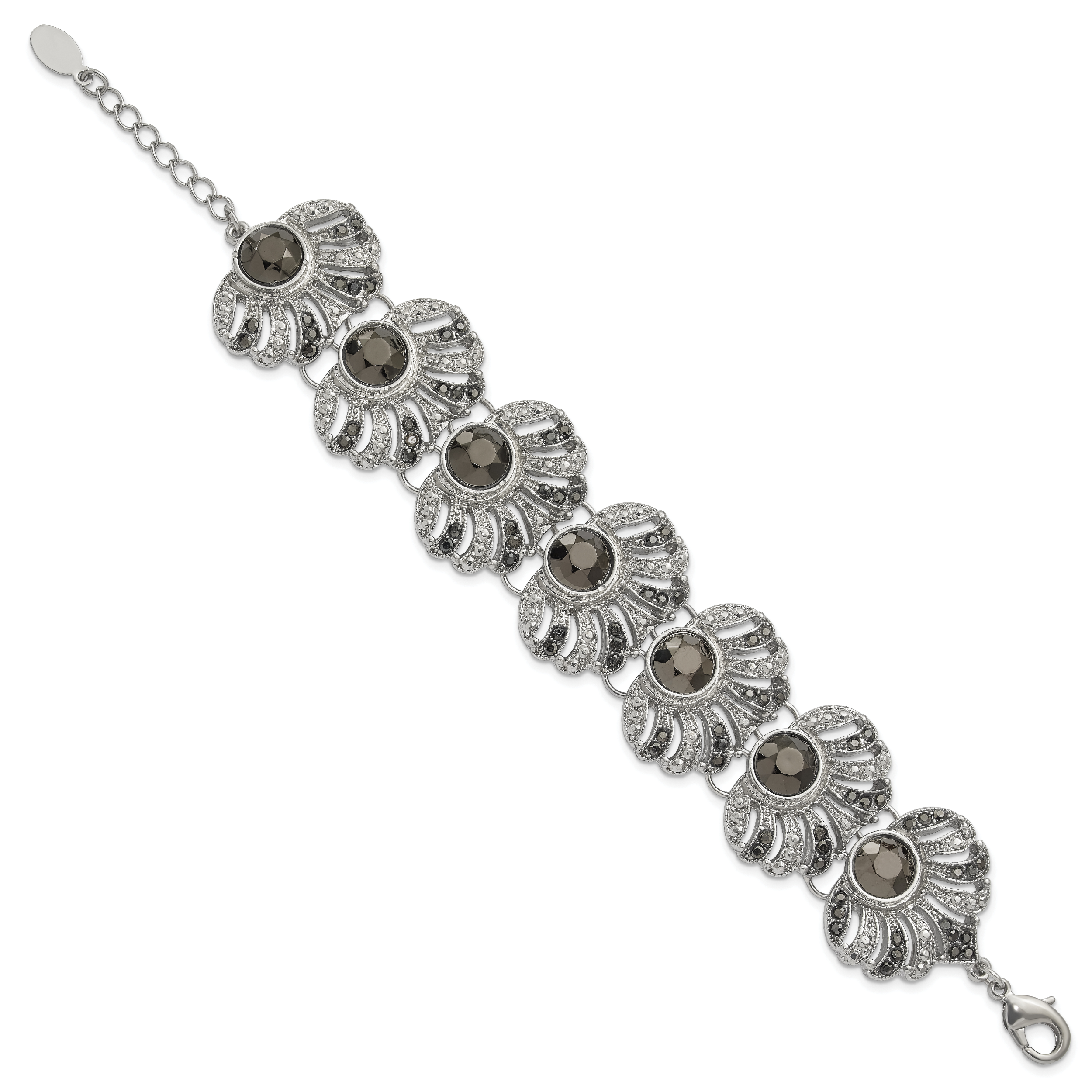 1928 Jewelry Silver-tone Filigree Fan Pattern Hematite Crystal and Jet Black Acrylic Faceted Stone Two-tone Design Vintage Style Adjustable 7.5 inch Bracelet with 3 inch extension Secondary image