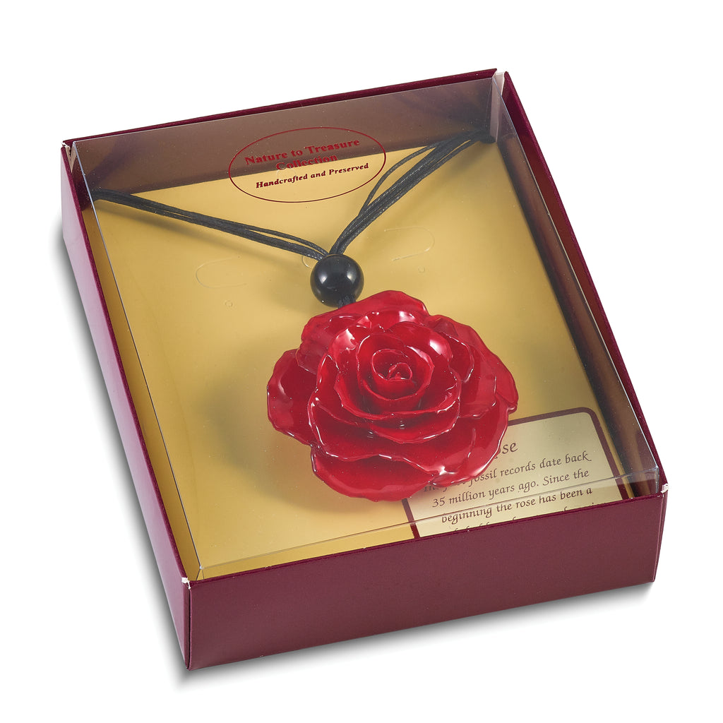 Lacquer Dipped Large Red Real Rose with Glass Bead on 18 inch Black Cotton Cord Necklace