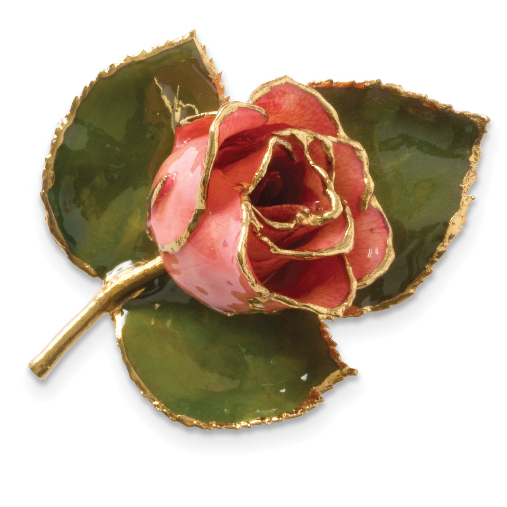24k Gold-trim Lacquer Dipped Pink Rose on Leaf Pin/Boutonniere Main image