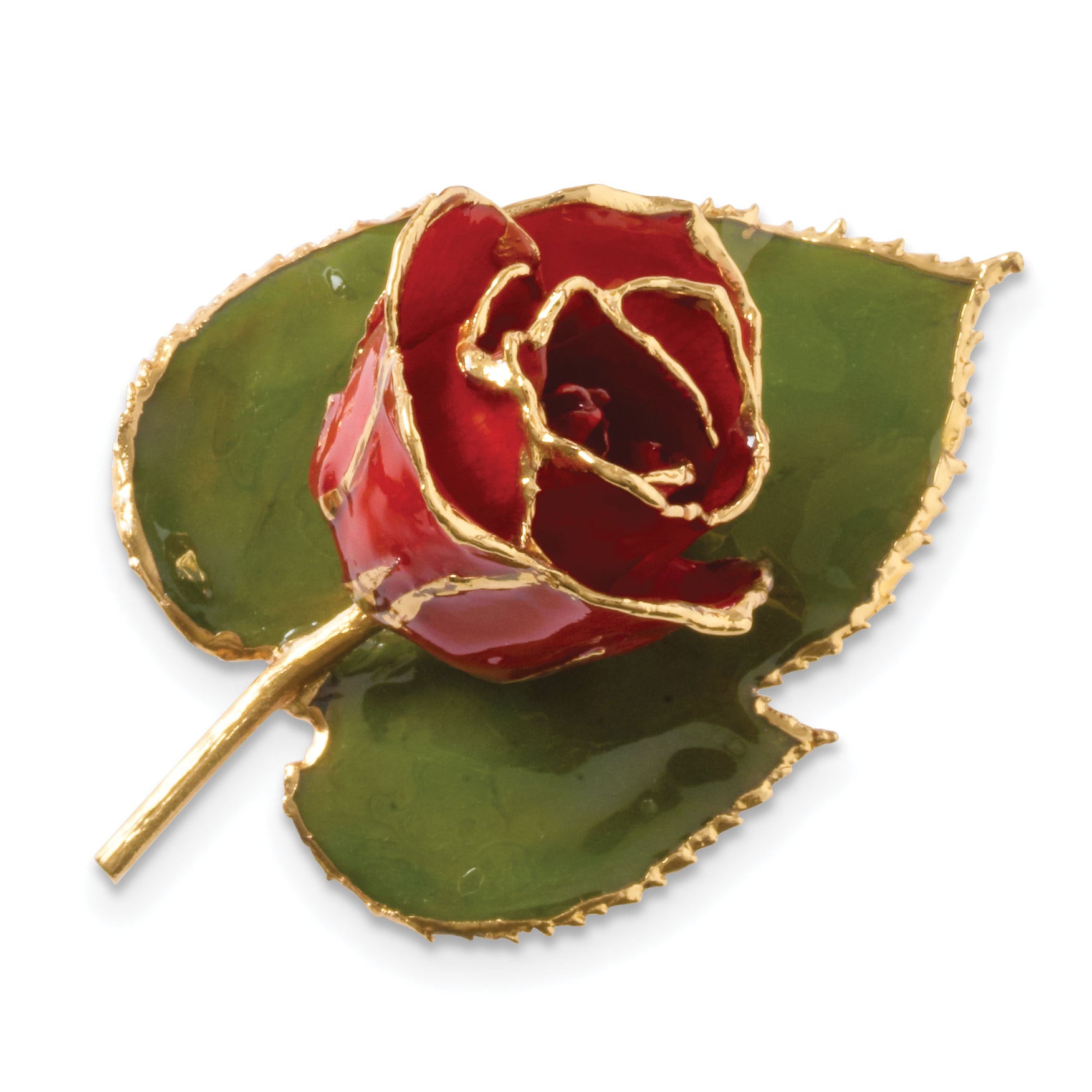 24k Gold-trim Lacquer Dipped Red Rose on Leaf Pin/Boutonniere Main image