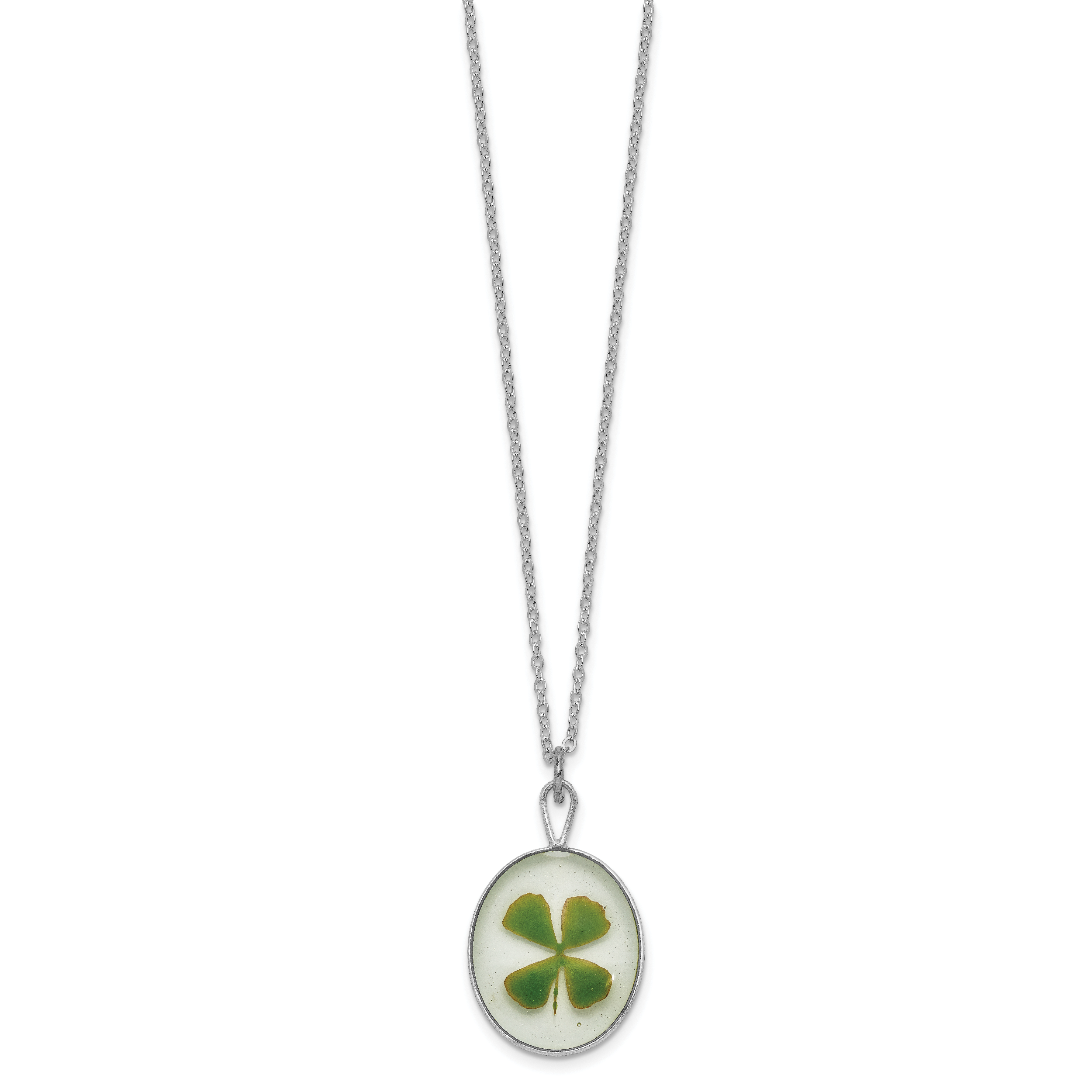 Silver Trim Real Four Leaf Clover in Oval 20 inch Silver-plated Chain Necklace Secondary image