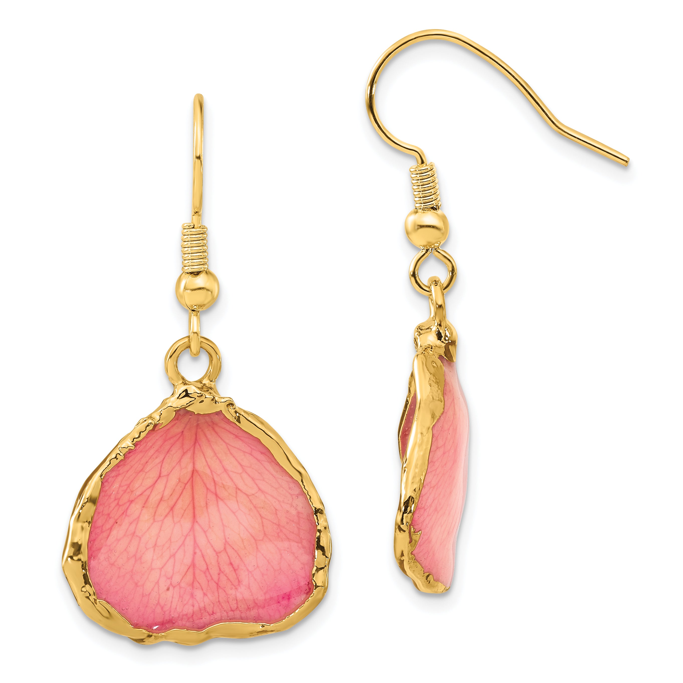 24k Gold-trim Lacquer Dipped Pink Real Rose Petal Gold-tone Dangle Wire Earrings Main image