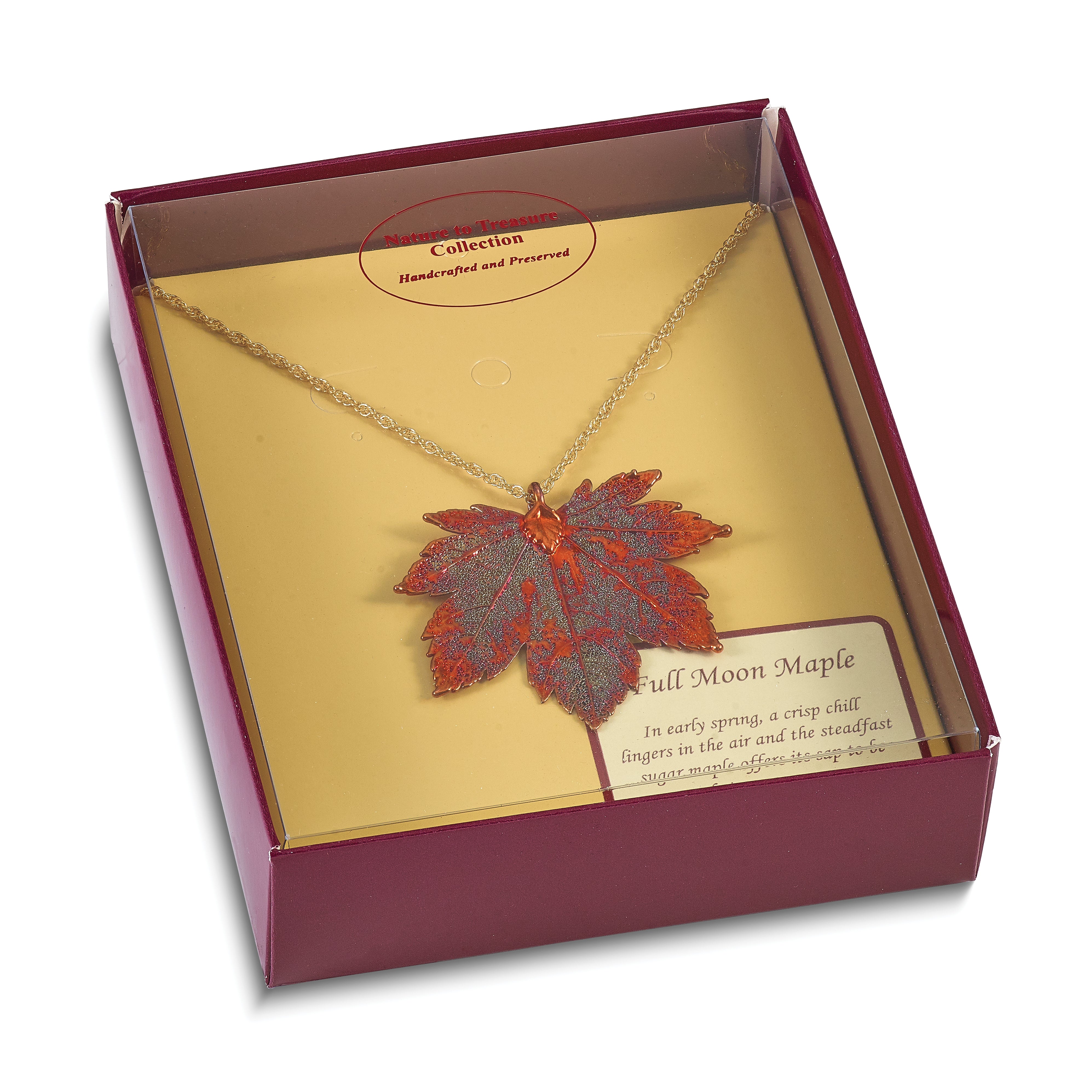Iridescent Copper Dipped Real Full Moon Maple Leaf with 20 inch Gold-tone Necklace