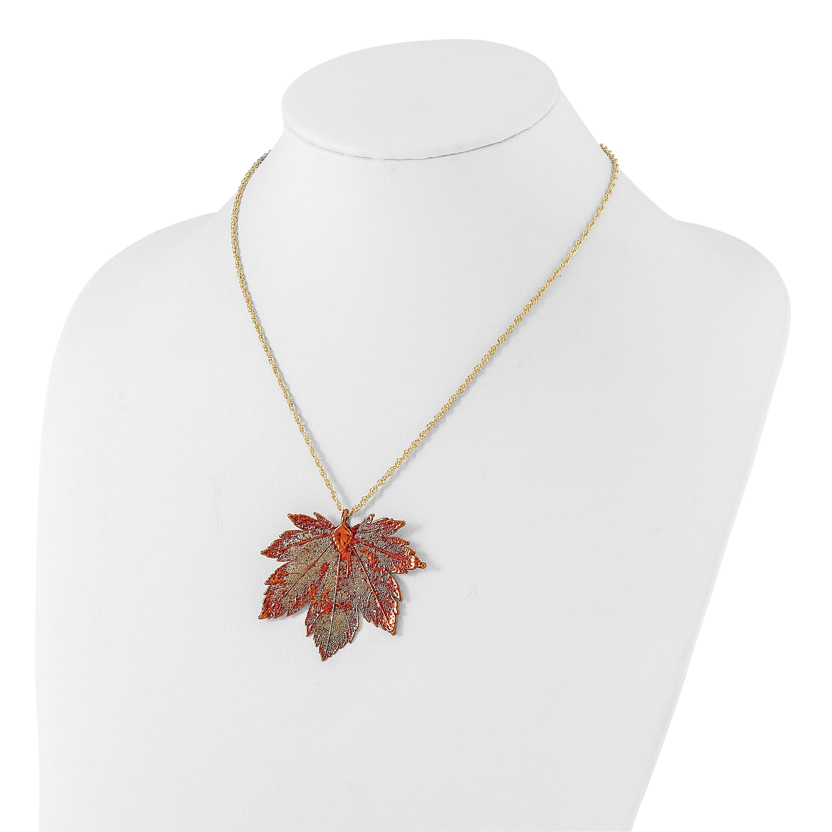 Iridescent Copper Dipped Real Full Moon Maple Leaf with 20 inch Gold-tone Necklace