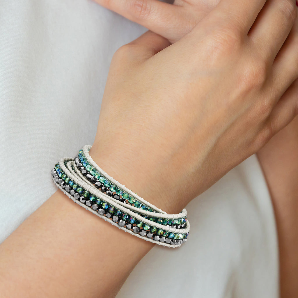 Green Aurora Borealis/Grey Crystal Bead Leather Multi-wrap Bracelet