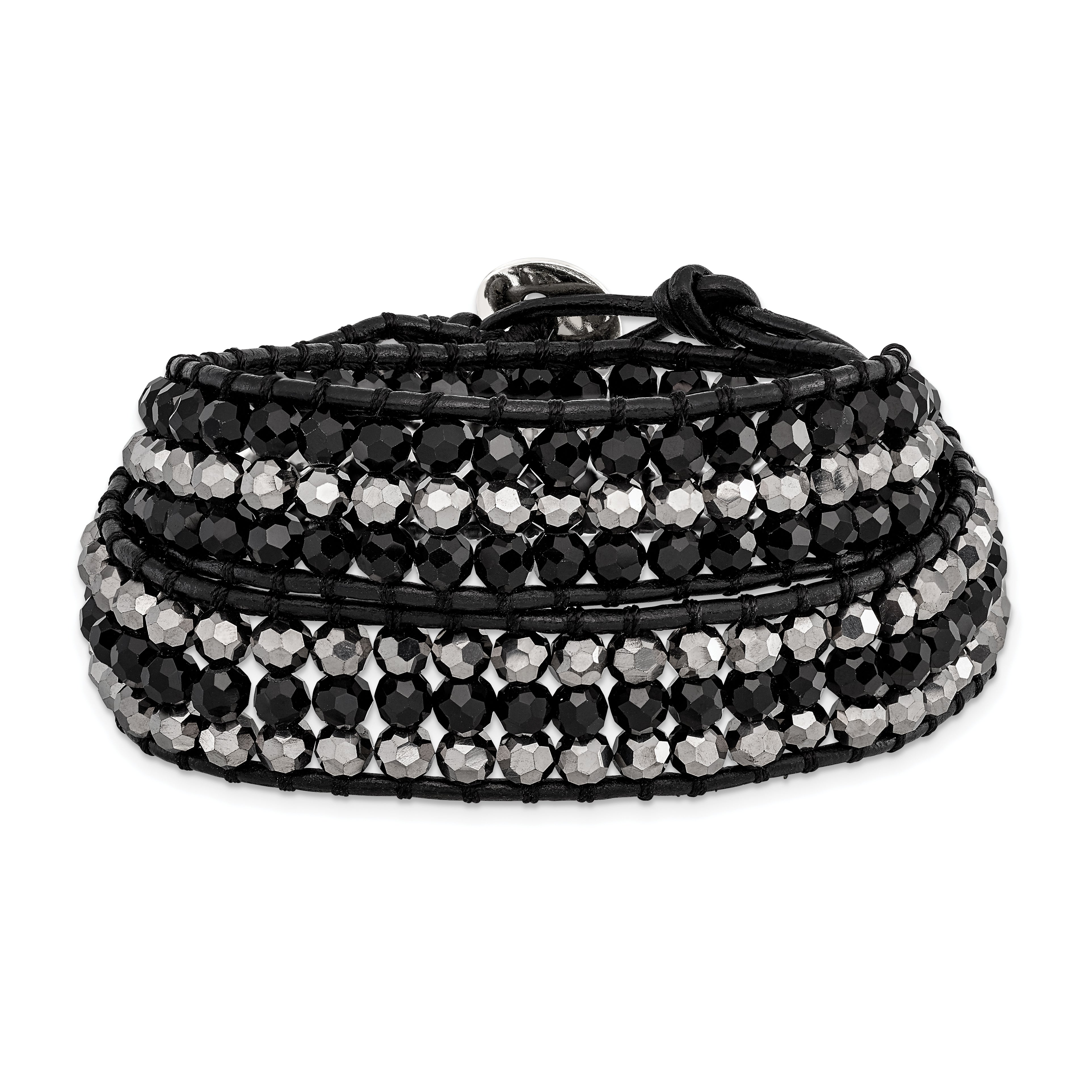Black Aurora Borealis/Grey Crystal Bead/Leather Multi-wrap Bracelet Main image