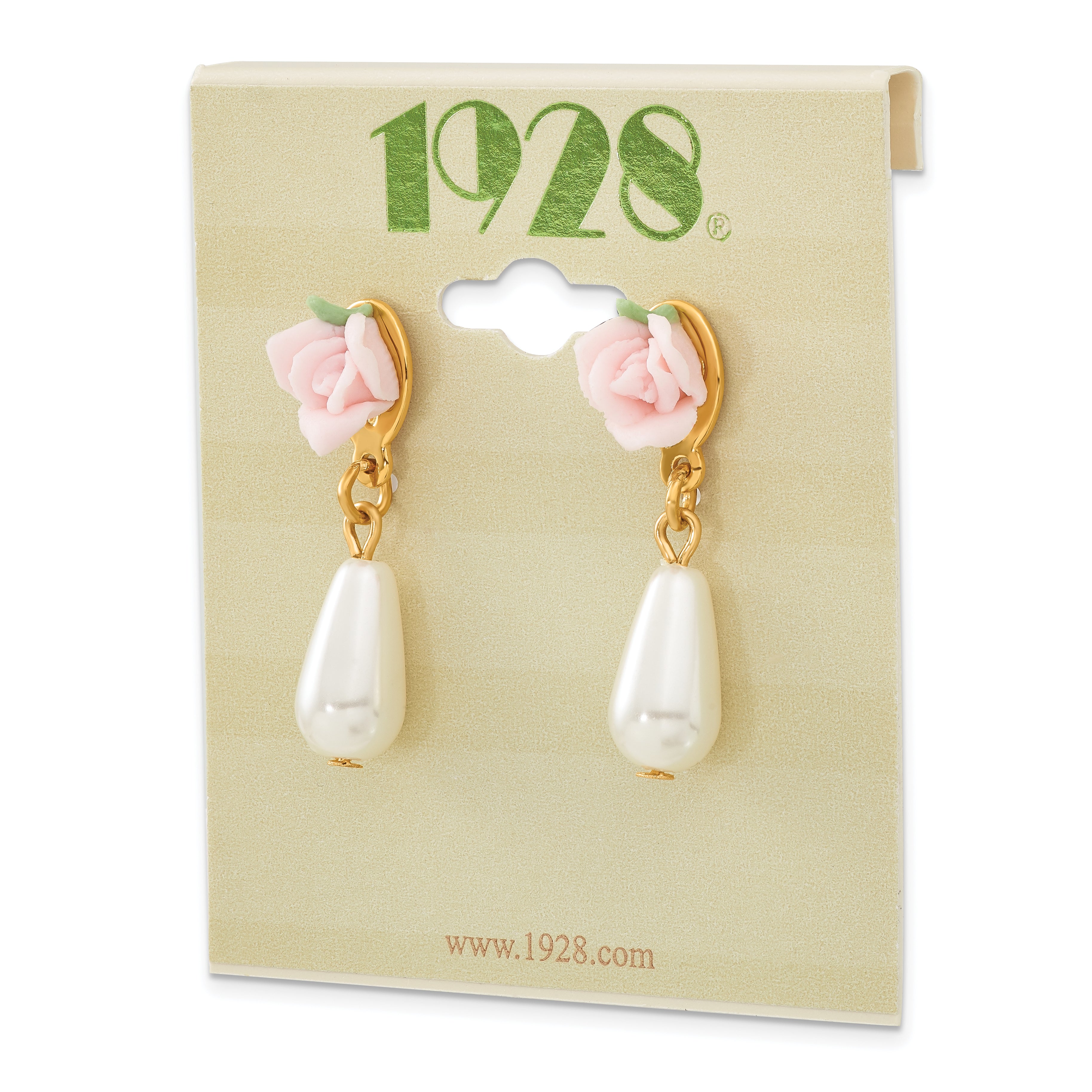 1928 Gold-tone Porcelain Rose and Simulated Pearl Post Dangle Earrings