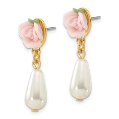 1928 Gold-tone Porcelain Rose and Simulated Pearl Post Dangle Earrings