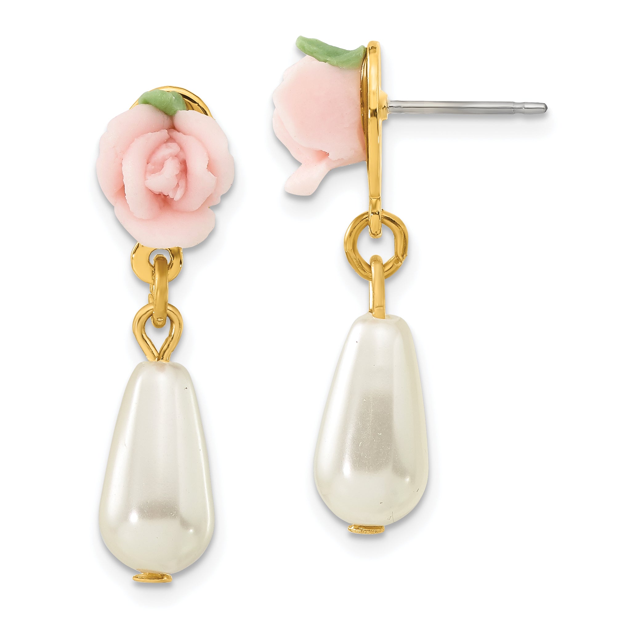 1928 Gold-tone Porcelain Rose and Simulated Pearl Post Dangle Earrings Main image