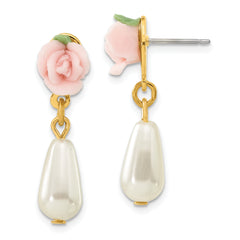 1928 Gold-tone Porcelain Rose and Simulated Pearl Post Dangle Earrings