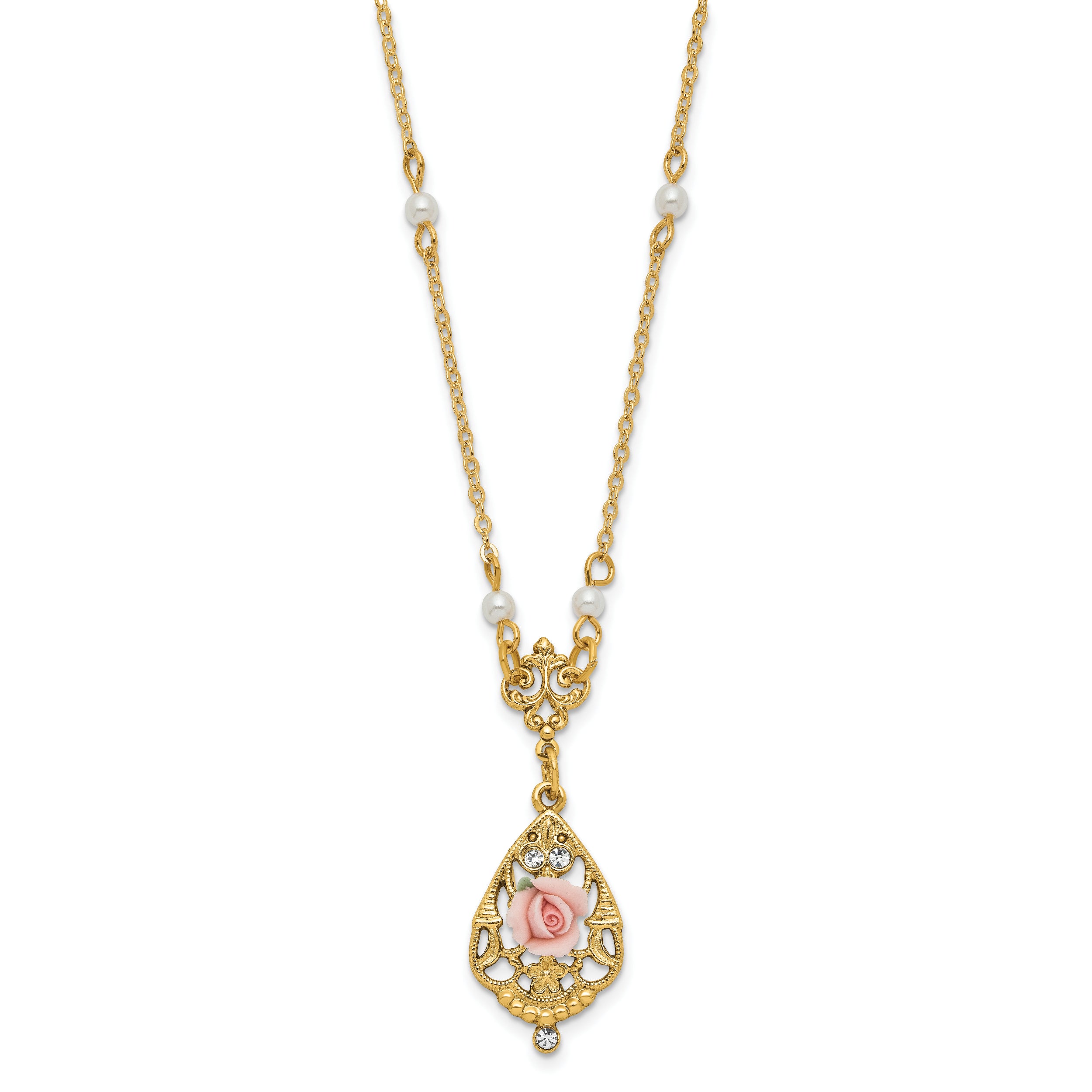 1928 Jewelry Gold-tone Imitation Pearl Pink Porcelain Rose and Clear Crystal Filigree Teardrop 17 inch Necklace