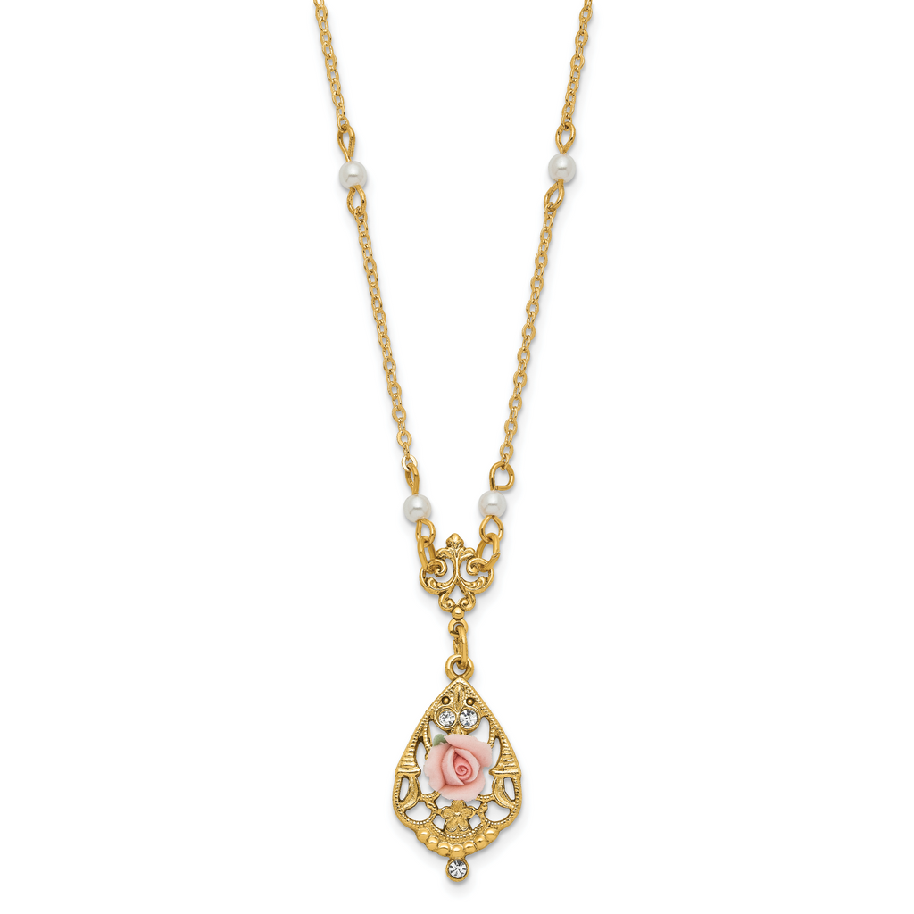 1928 Jewelry Gold-tone Imitation Pearl Pink Porcelain Rose and Clear Crystal Filigree Teardrop 17 inch Necklace