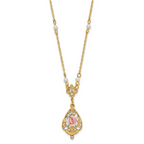 1928 Jewelry Gold-tone Imitation Pearl Pink Porcelain Rose and Clear Crystal Filigree Teardrop 17 inch Necklace