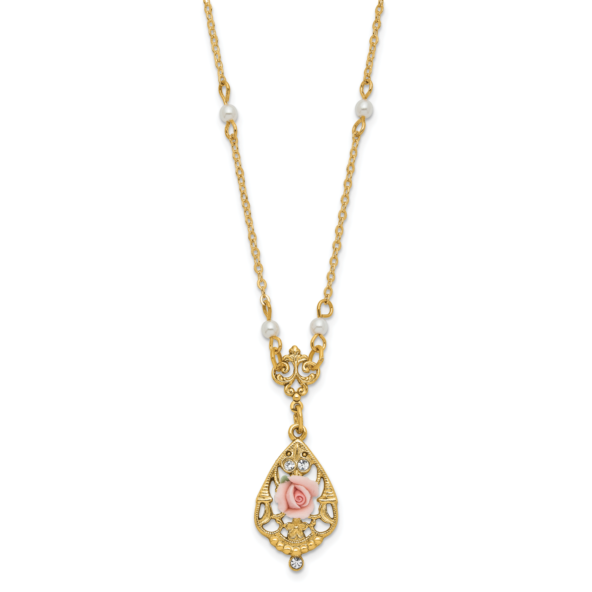 1928 Jewelry Gold-tone Imitation Pearl Pink Porcelain Rose and Clear Crystal Filigree Teardrop 17 inch Necklace