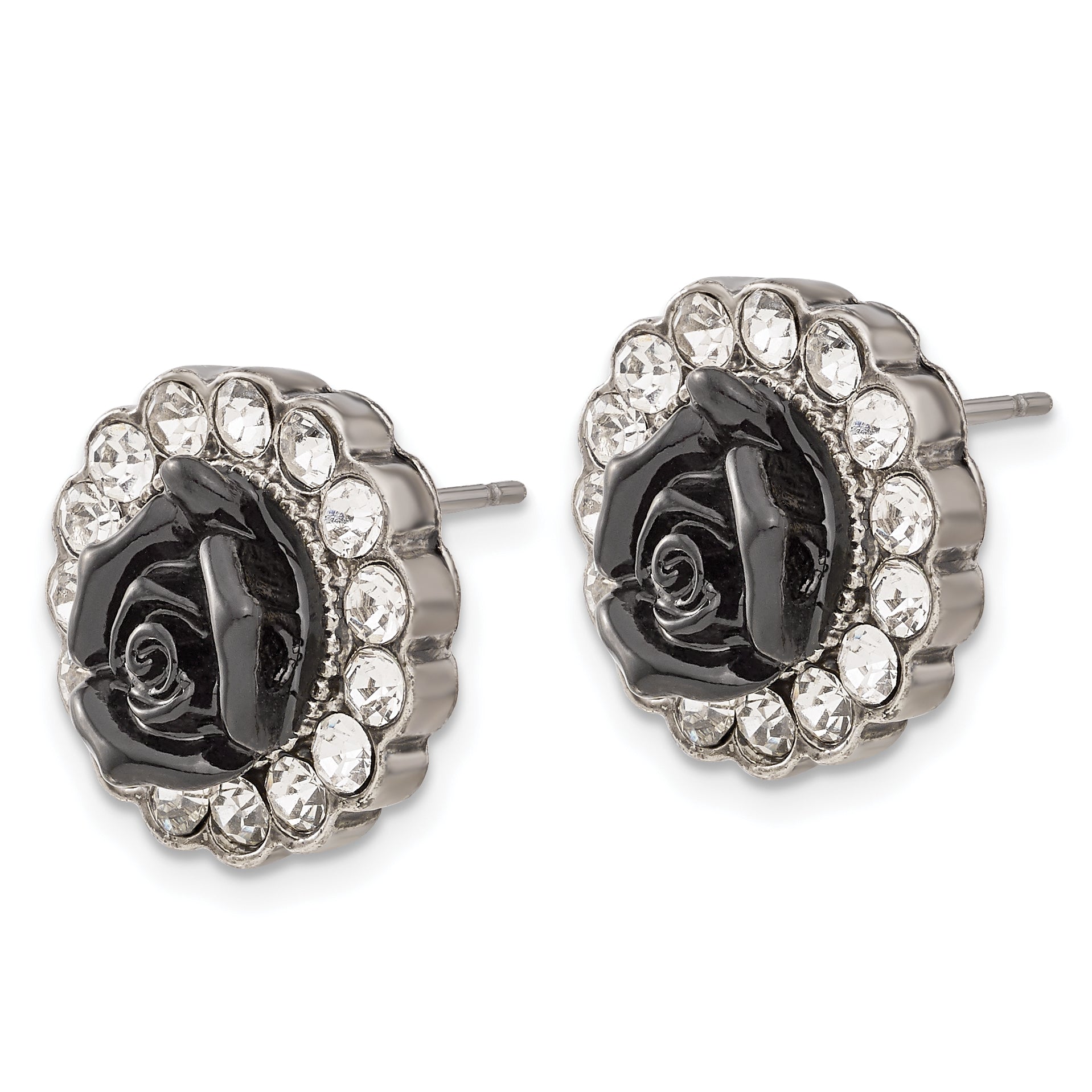 1928 Silver-tone Black Enamel Flowers & Crystal Post Earrings Secondary image