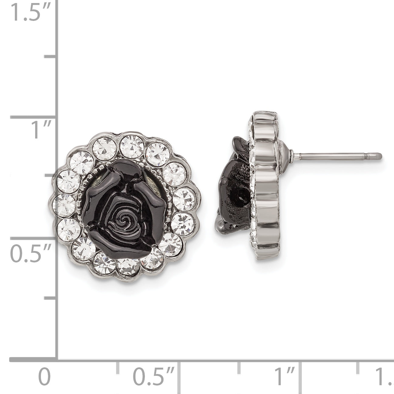 1928 Silver-tone Black Enamel Flowers & Crystal Post Earrings
