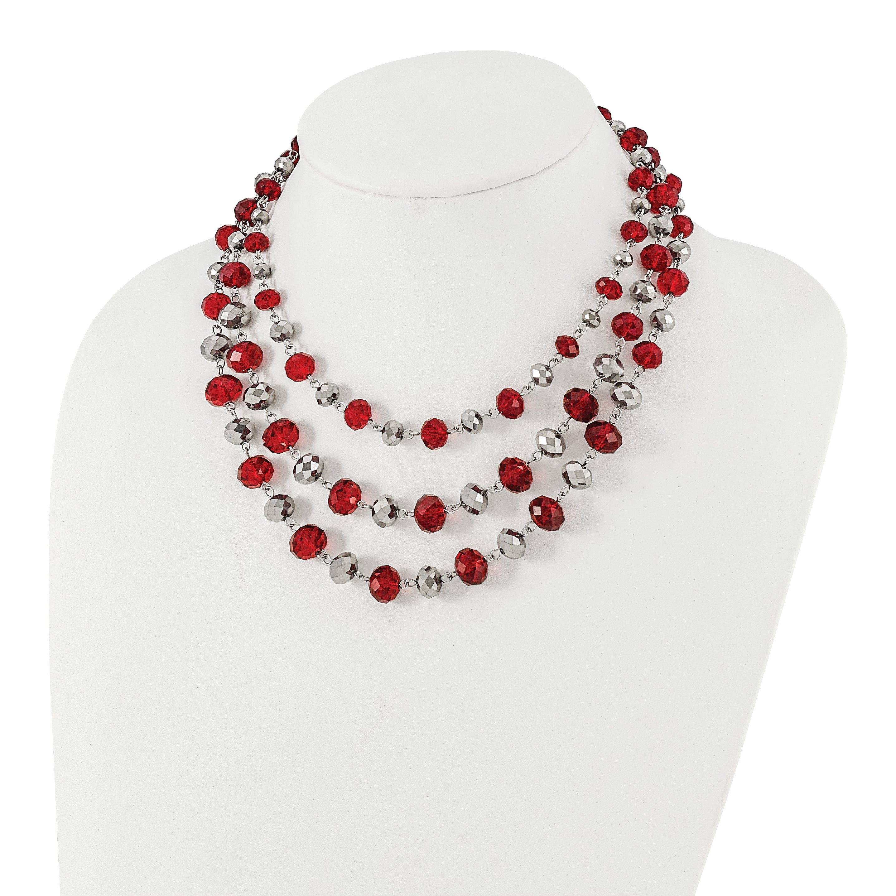 1928 Jewelry Silver-tone Three Strand Red and Grey Epoxy Faceted Stone Adjustable 16 inch Necklace with 3 inch extension