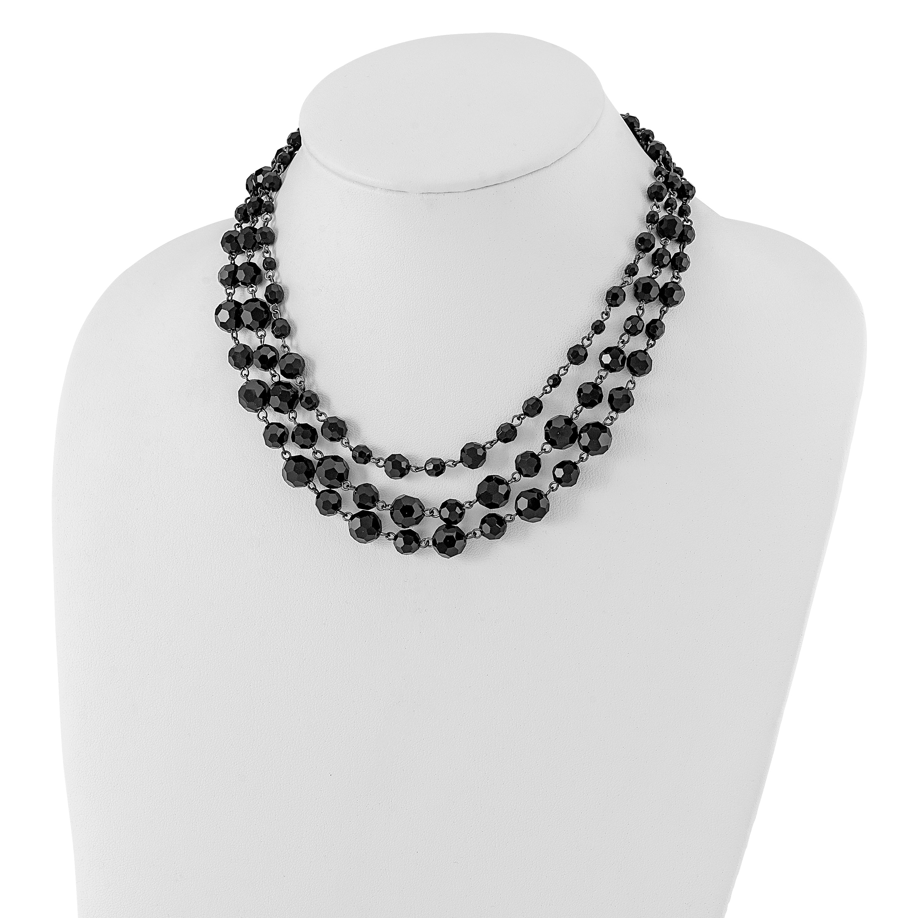 1928 Jewelry Black-plated Jet Black Glass Faceted Bead Graduated Three Strand Adjustable 16 inch Necklace with 3 inch extension Secondary image