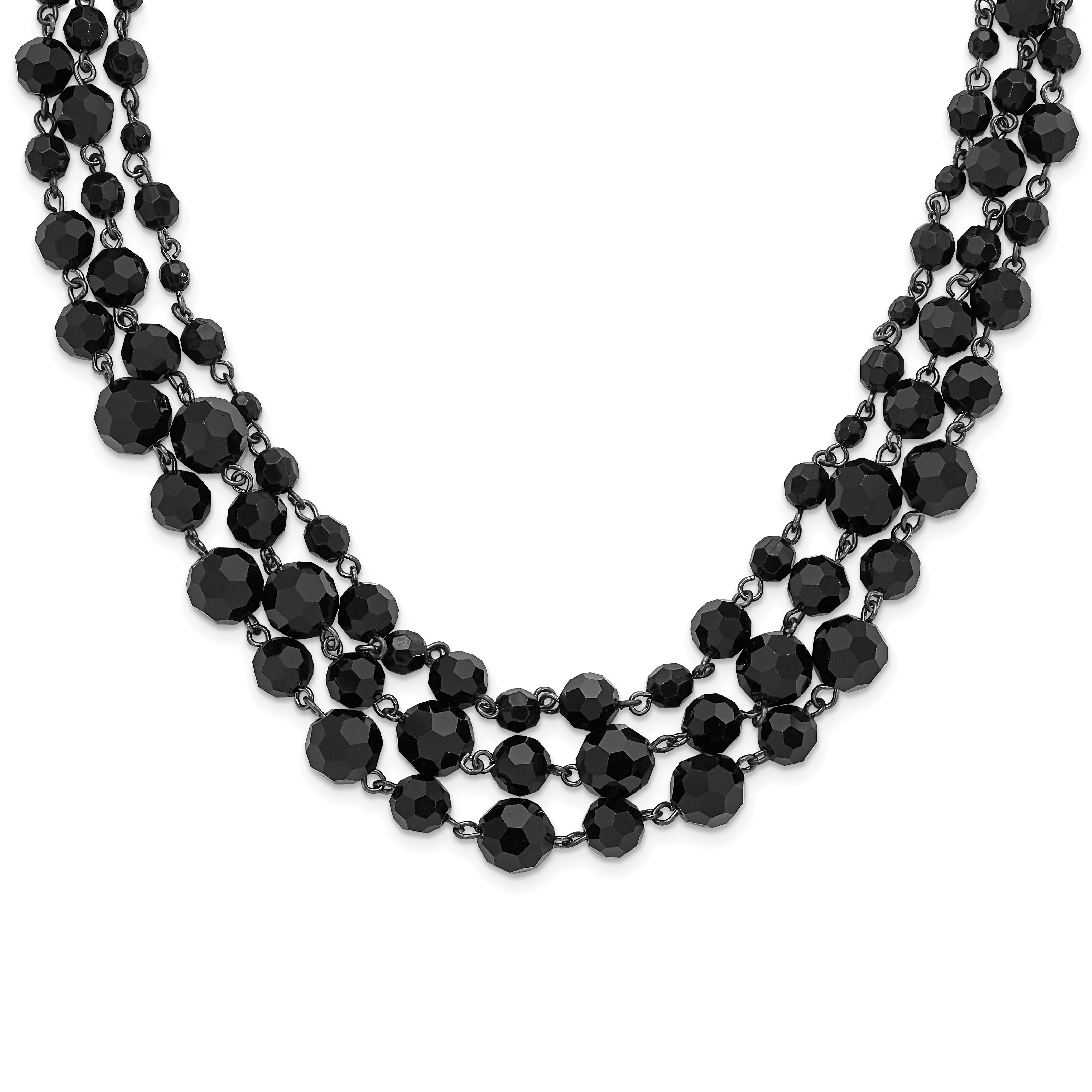1928 Jewelry Black-plated Jet Black Glass Faceted Bead Graduated Three Strand Adjustable 16 inch Necklace with 3 inch extension