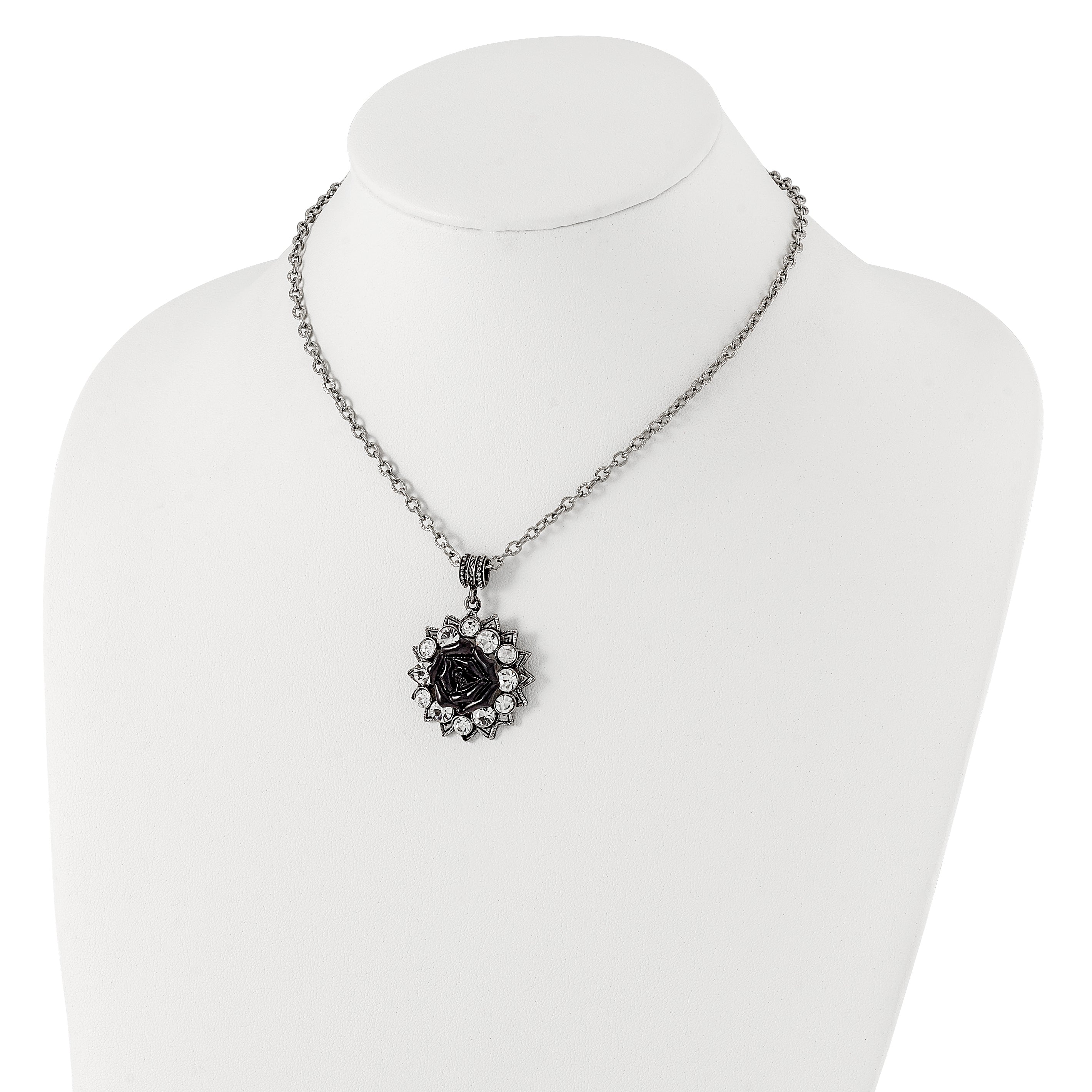 1928 Silver-tone Crystal & Black Enamel Flower 16in With 3in ext Necklace Secondary image