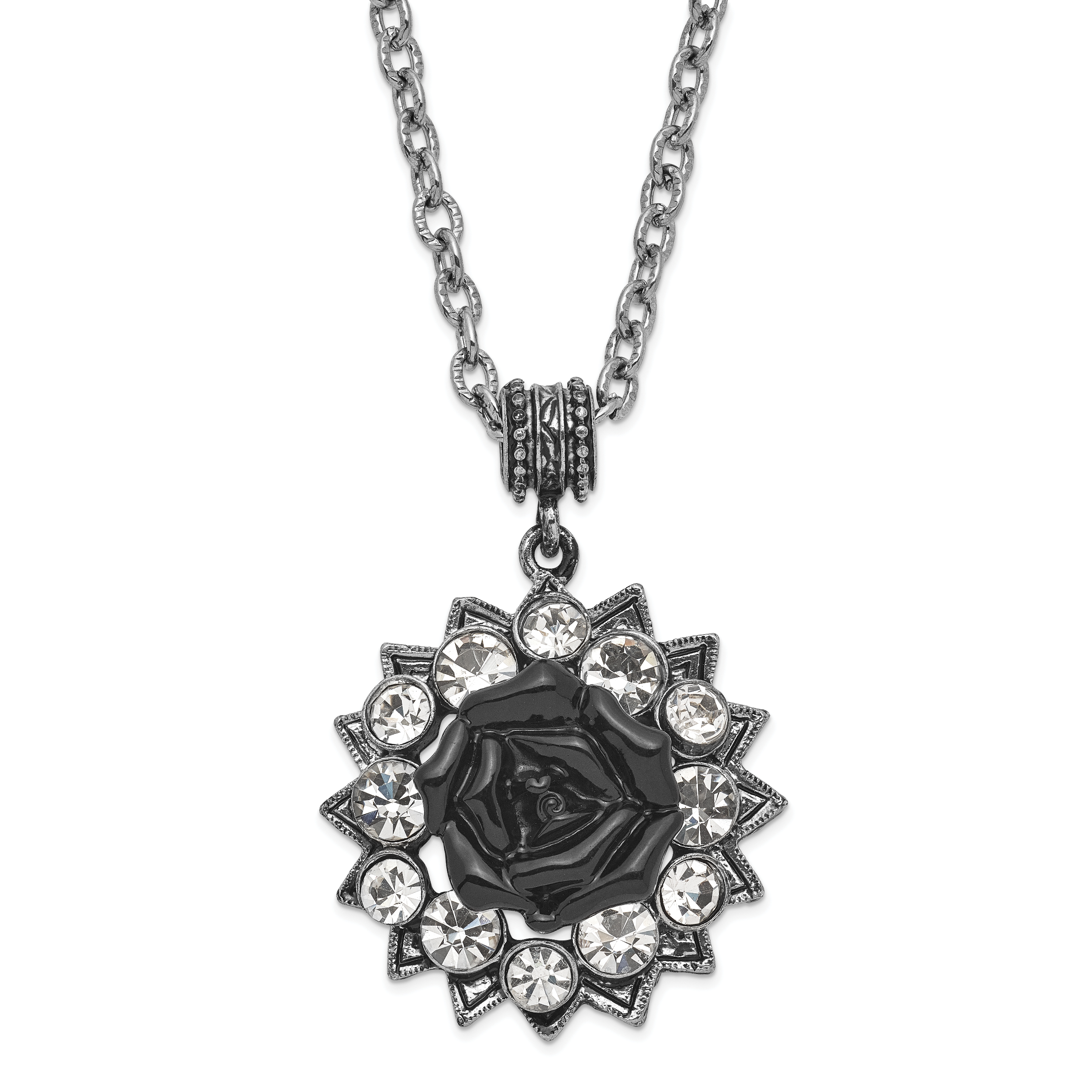 1928 Silver-tone Crystal & Black Enamel Flower 16in With 3in ext Necklace Main image