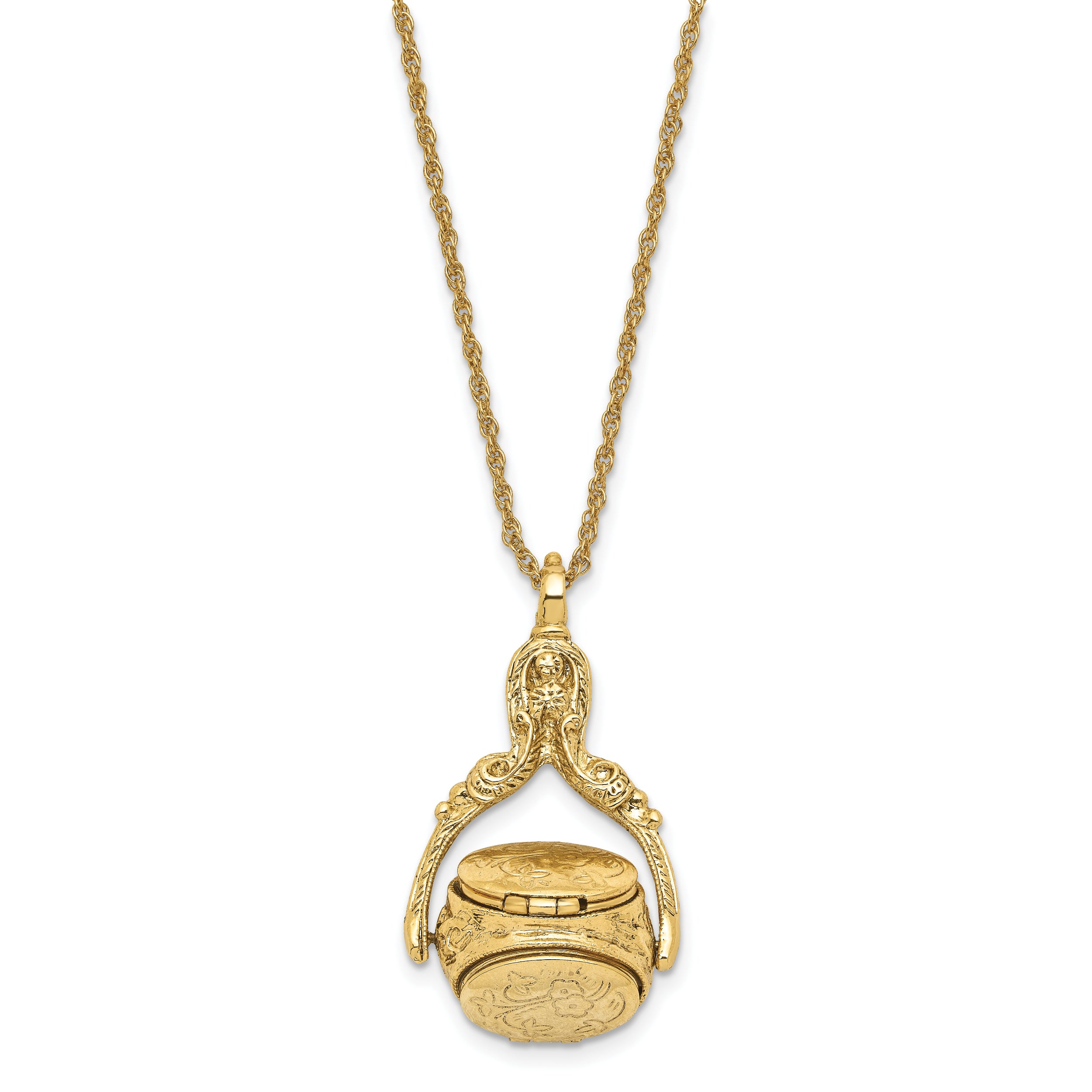 1928 Jewelry Gold-tone Three Sided Spinning Floral Pattern Oval 13mm Lockets 30 inch Necklace Holds 6 Photos