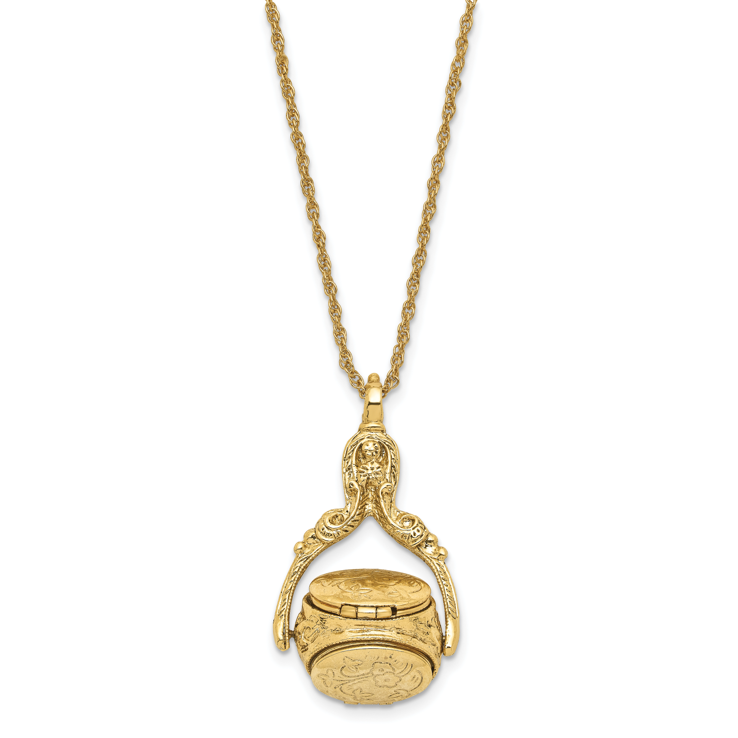 1928 Jewelry Gold-tone Three Sided Spinning Floral Pattern Oval 13mm Lockets 30 inch Necklace Holds 6 Photos