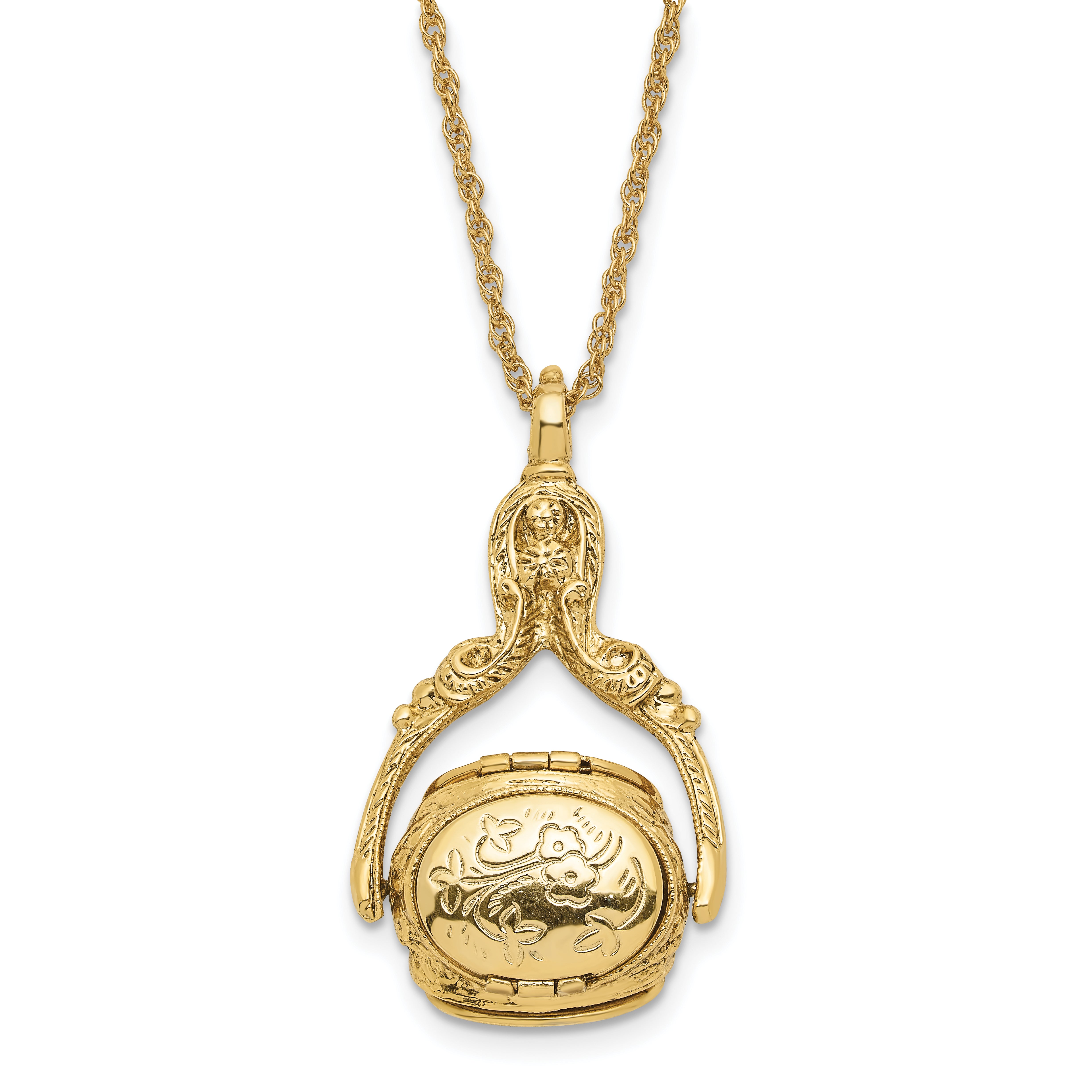 1928 Jewelry Gold-tone Three Sided Spinning Floral Pattern Oval 13mm Lockets 30 inch Necklace Holds 6 Photos