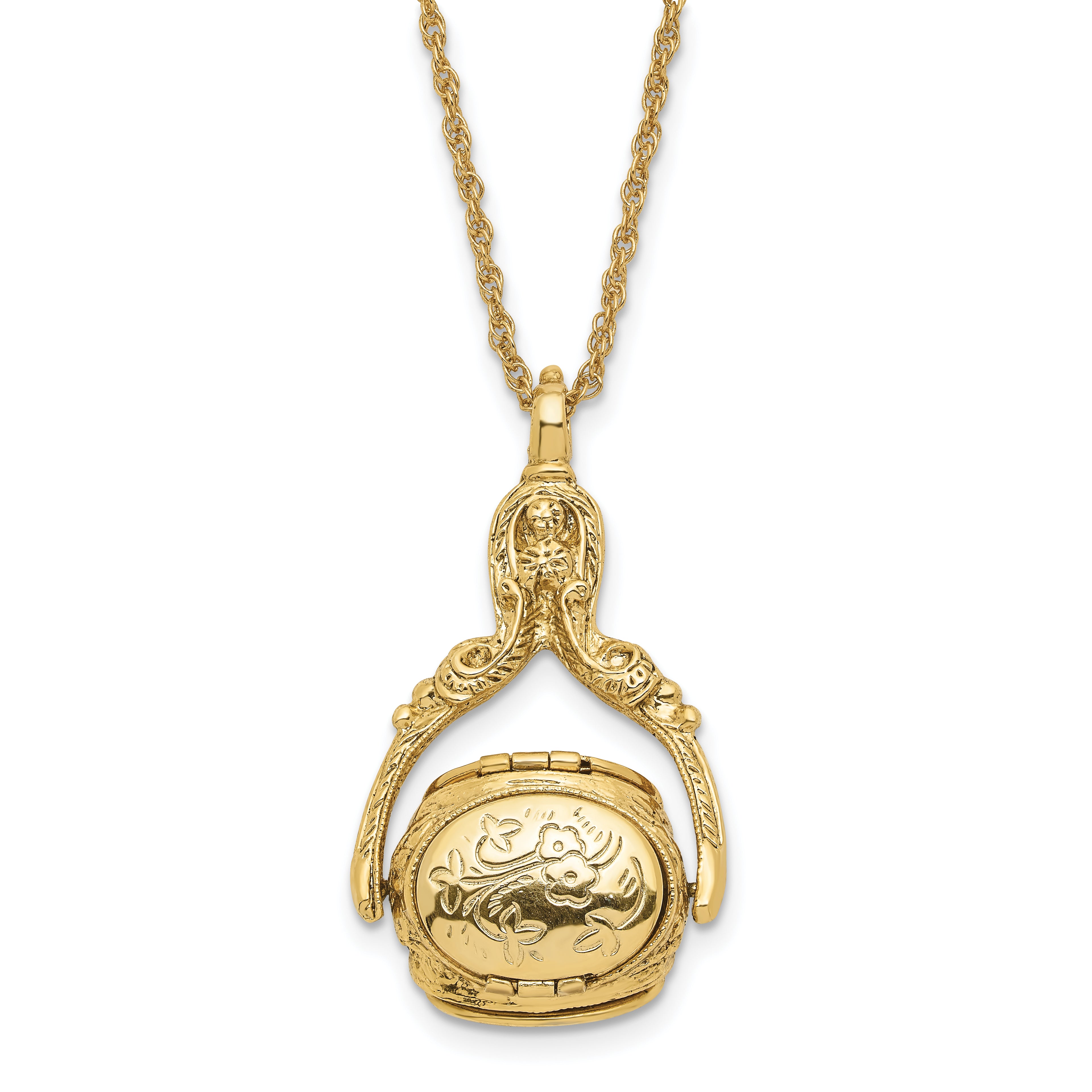 1928 Jewelry Gold-tone Three Sided Spinning Floral Pattern Oval 13mm Lockets 30 inch Necklace Holds 6 Photos