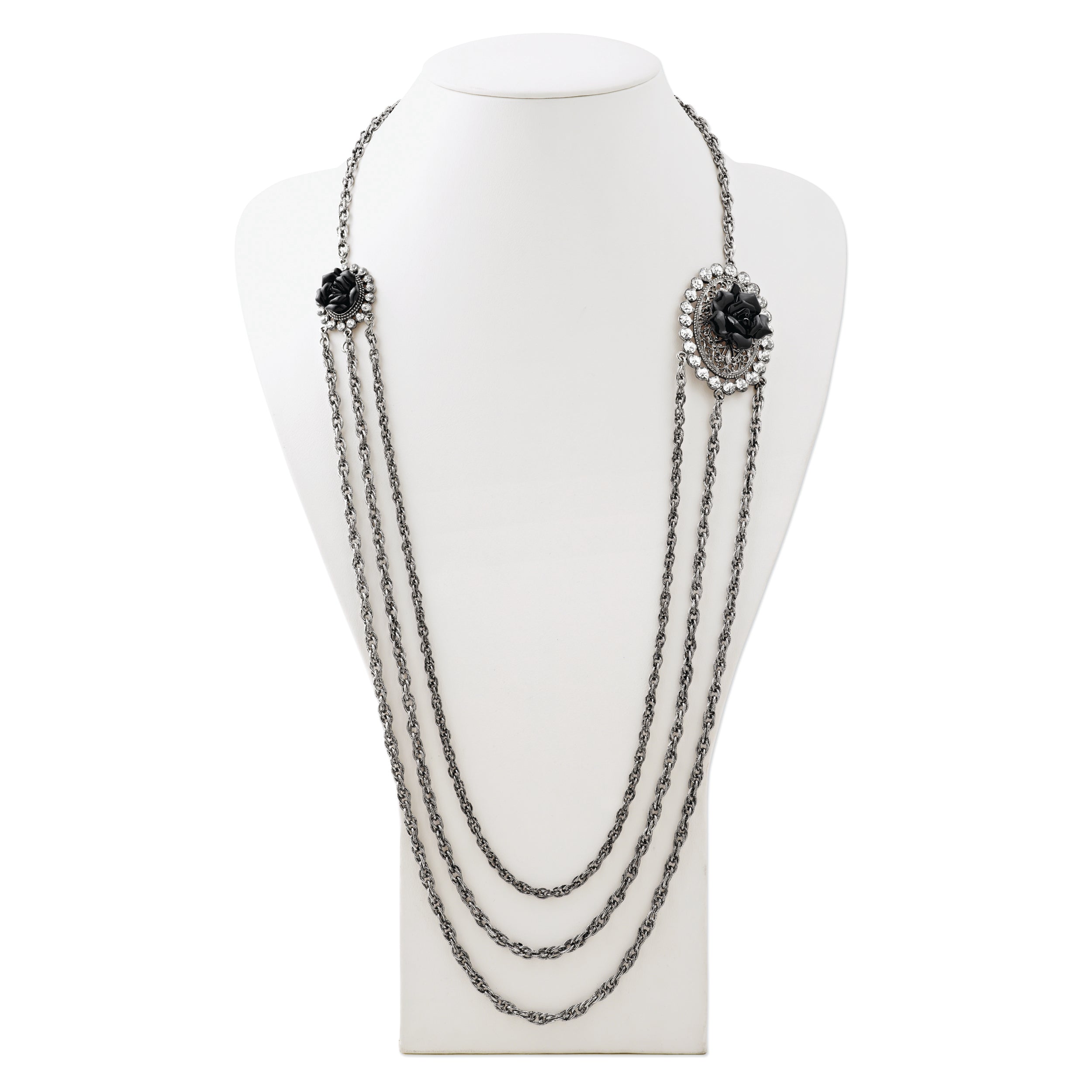 1928 Silver-tone Black Flowers & Crystal Layered Necklace Secondary image