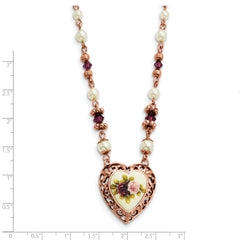 1928 Jewelry Rose-tone Heart Filigree Frame Purple Faceted Crystal Bead Imitation Pearl Rose Floral Motif 15 inch Necklace