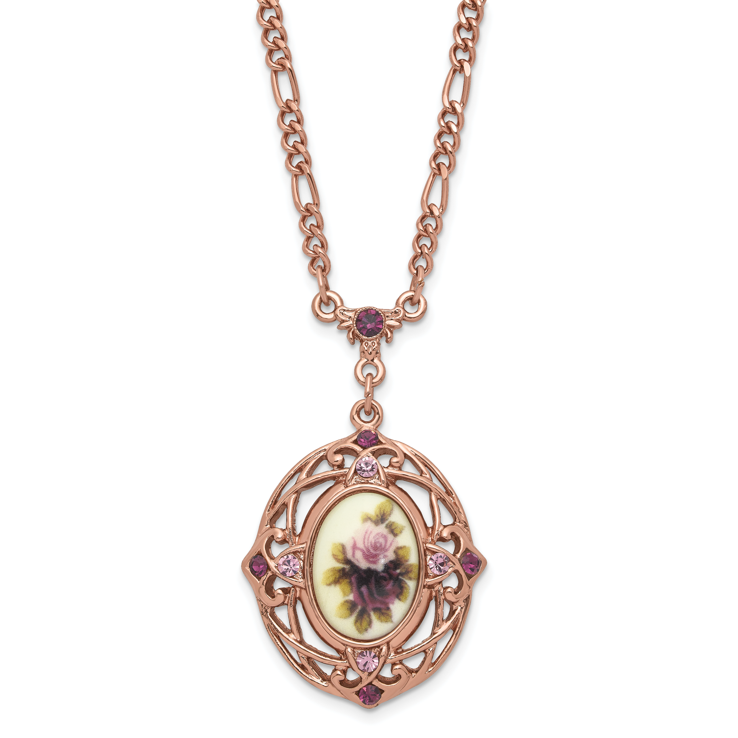 1928 Rose-tone Light and Dark Purple Crystal and Floral 28 inch Necklace Secondary image