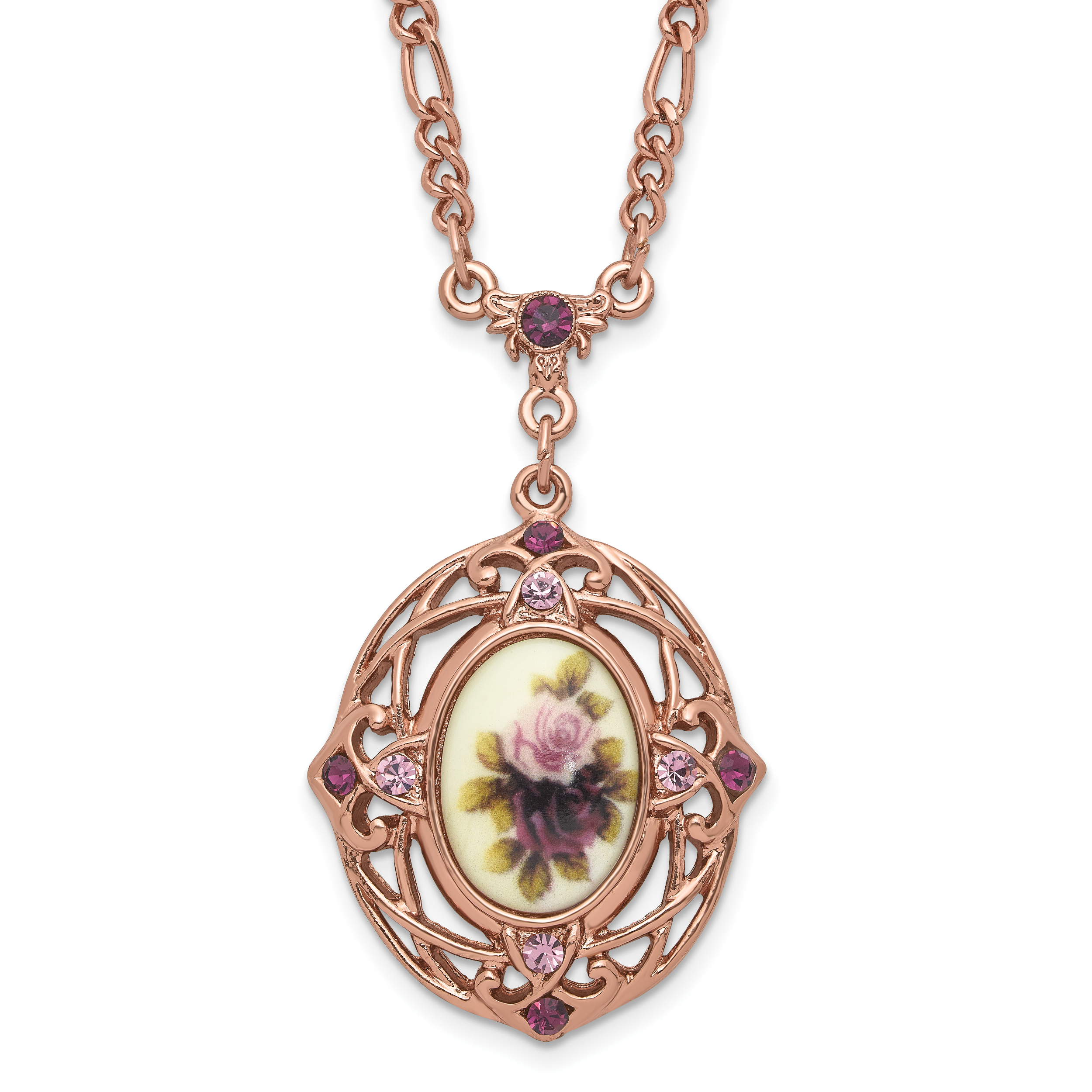 1928 Rose-tone Light and Dark Purple Crystal and Floral 28 inch Necklace Main image
