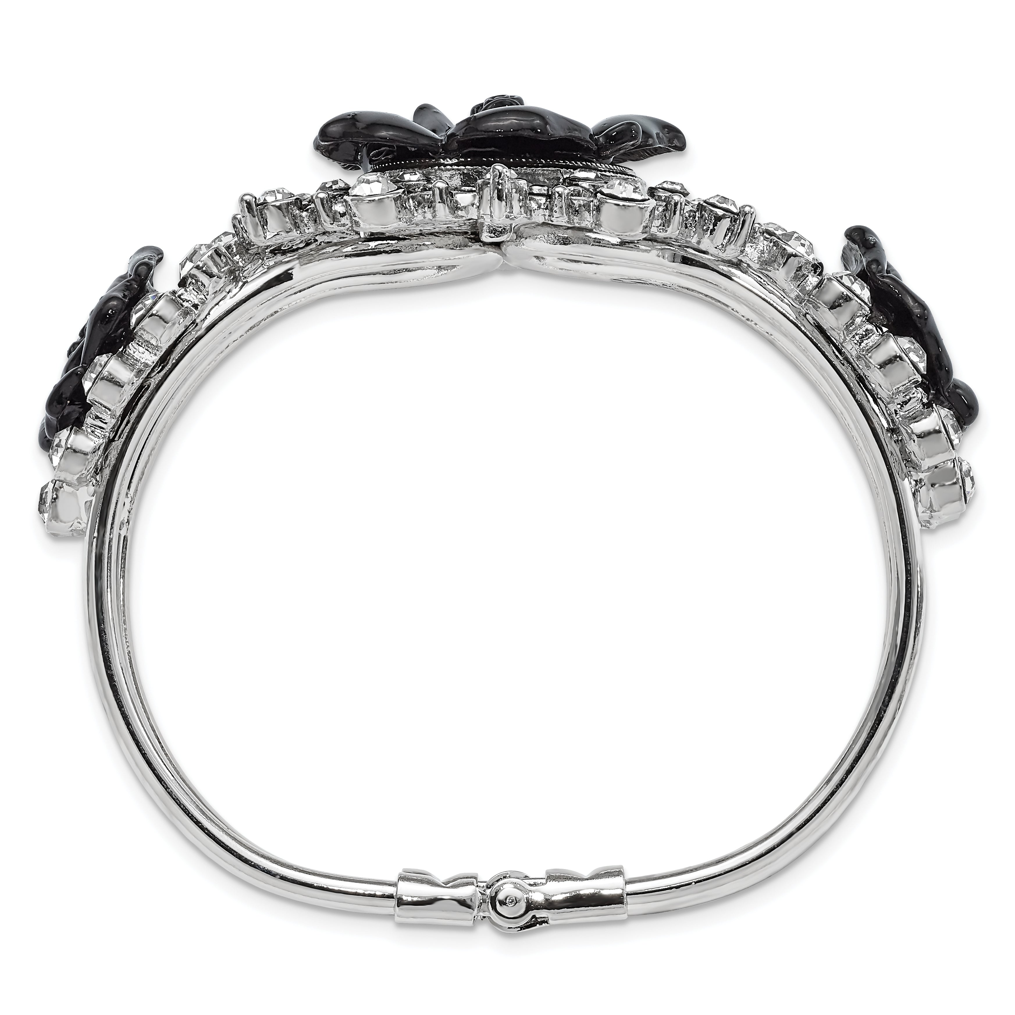 1928 Silver-tone Black Flowers & Clear Crystal Hinged Bracelet Secondary image