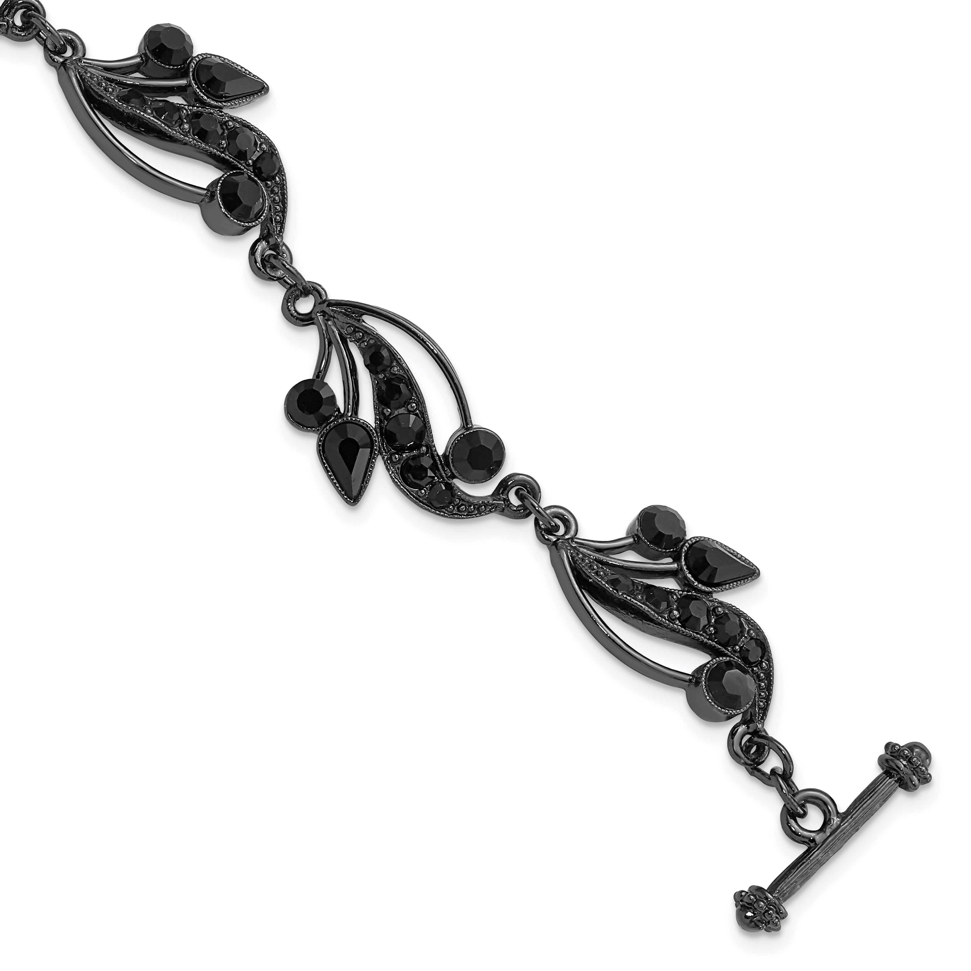 1928 Jewelry Black-plated Link Jet Black Crystals in Teardrop and Circle Shapes Vintage Style Filigree Vine Motif 7.5 inch Toggle Bracelet Main image