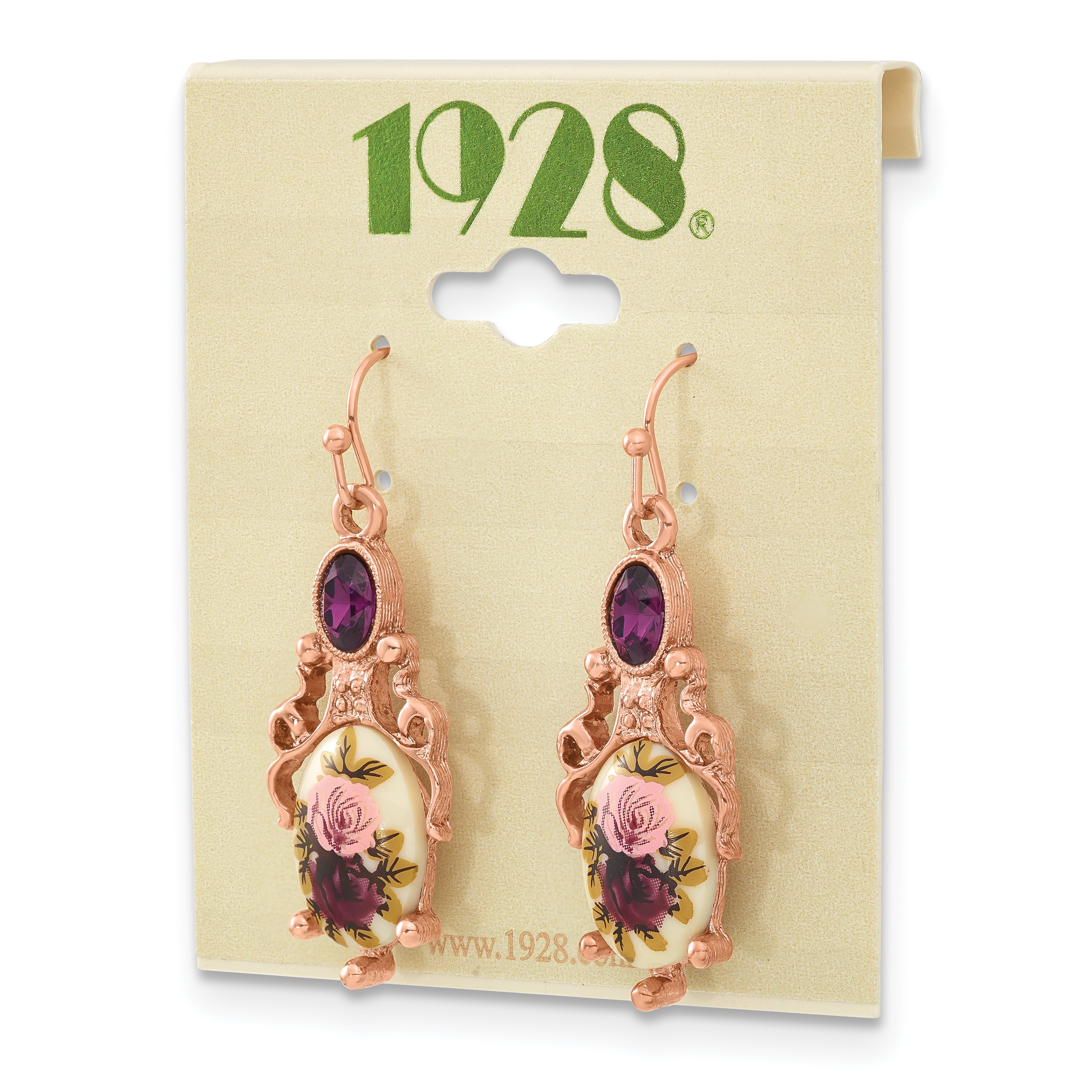 1928 Rose-tone Dark Purple Crystal and Decal Floral Dangle Earrings