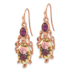 1928 Rose-tone Dark Purple Crystal and Decal Floral Dangle Earrings