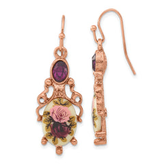 1928 Rose-tone Dark Purple Crystal and Decal Floral Dangle Earrings