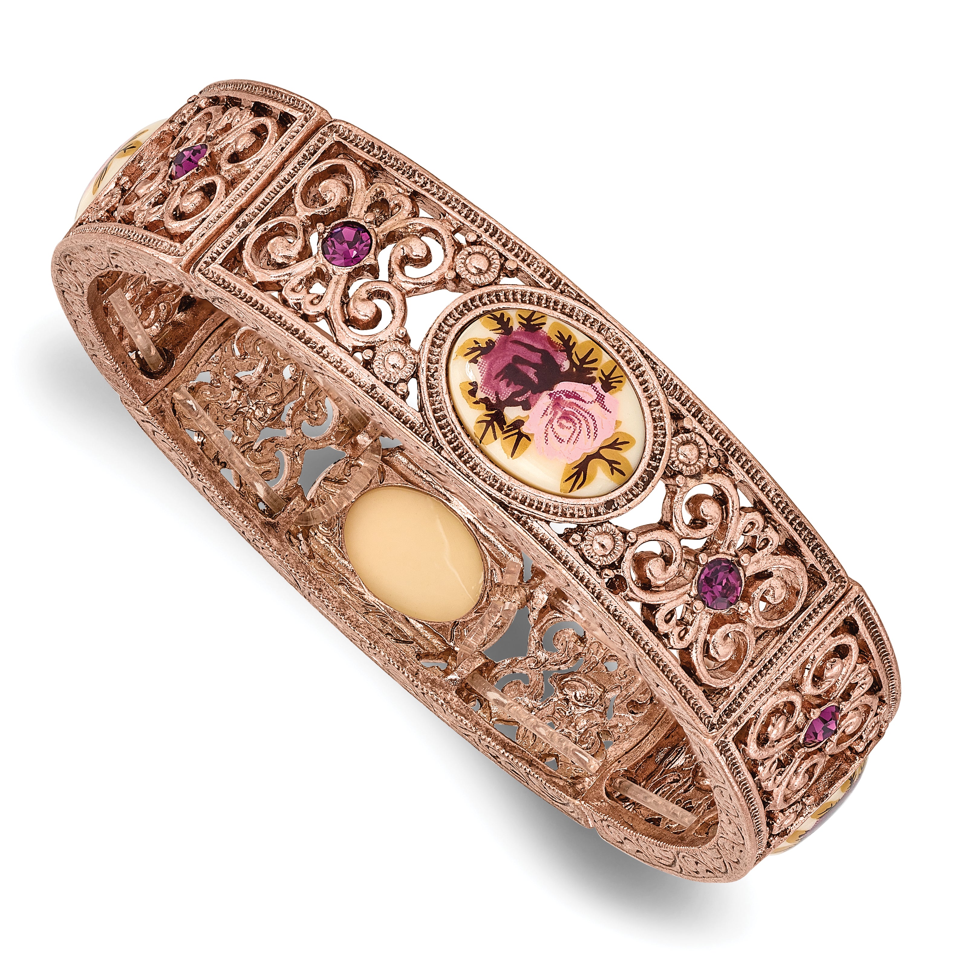 1928 Jewelry Rose-tone Filigree Pattern Purple Crystal Rose Floral Motif Stretch Bracelet Main image