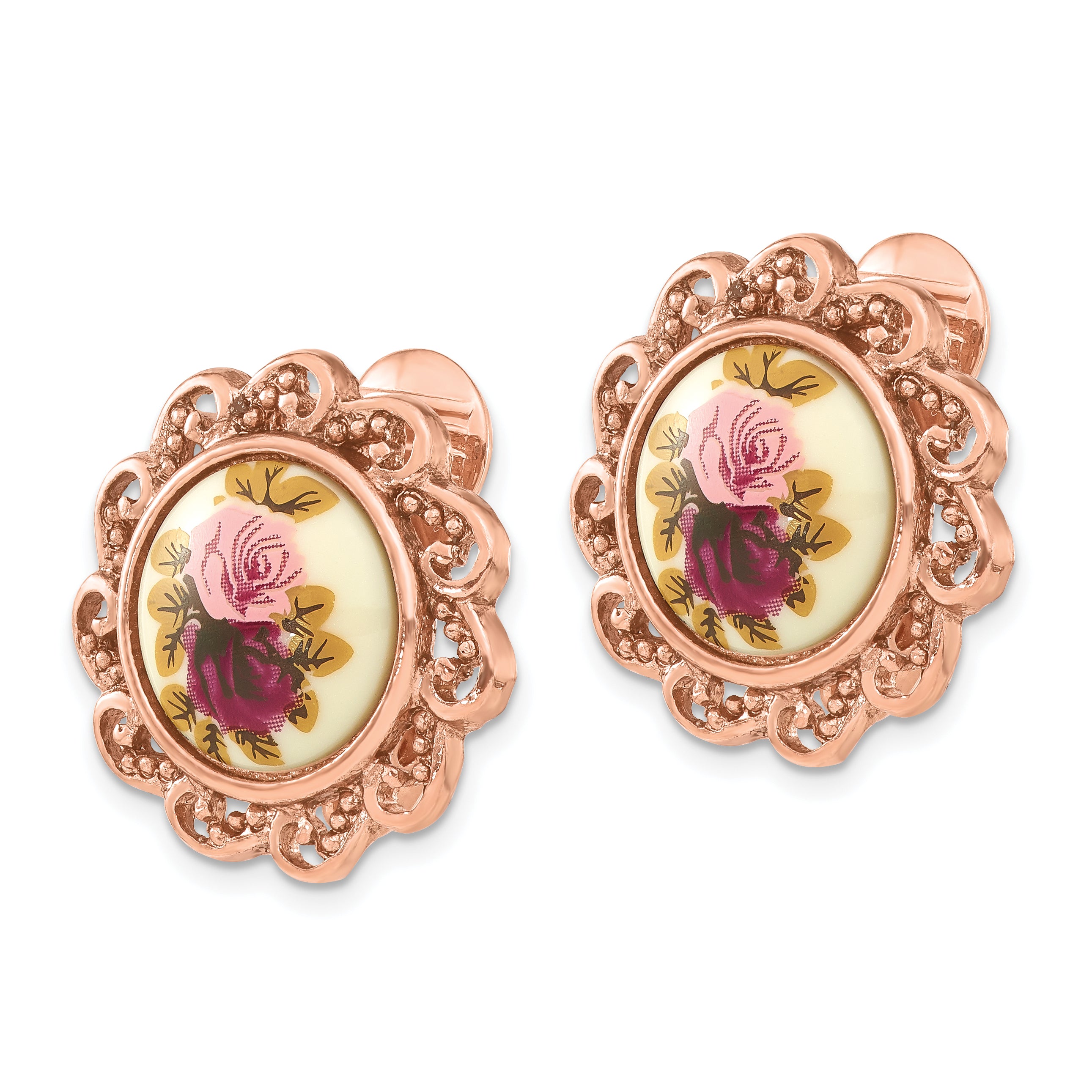 1928 Jewelry Rose-tone Filigree Frame Rose Floral Motif Non-pierced Earrings