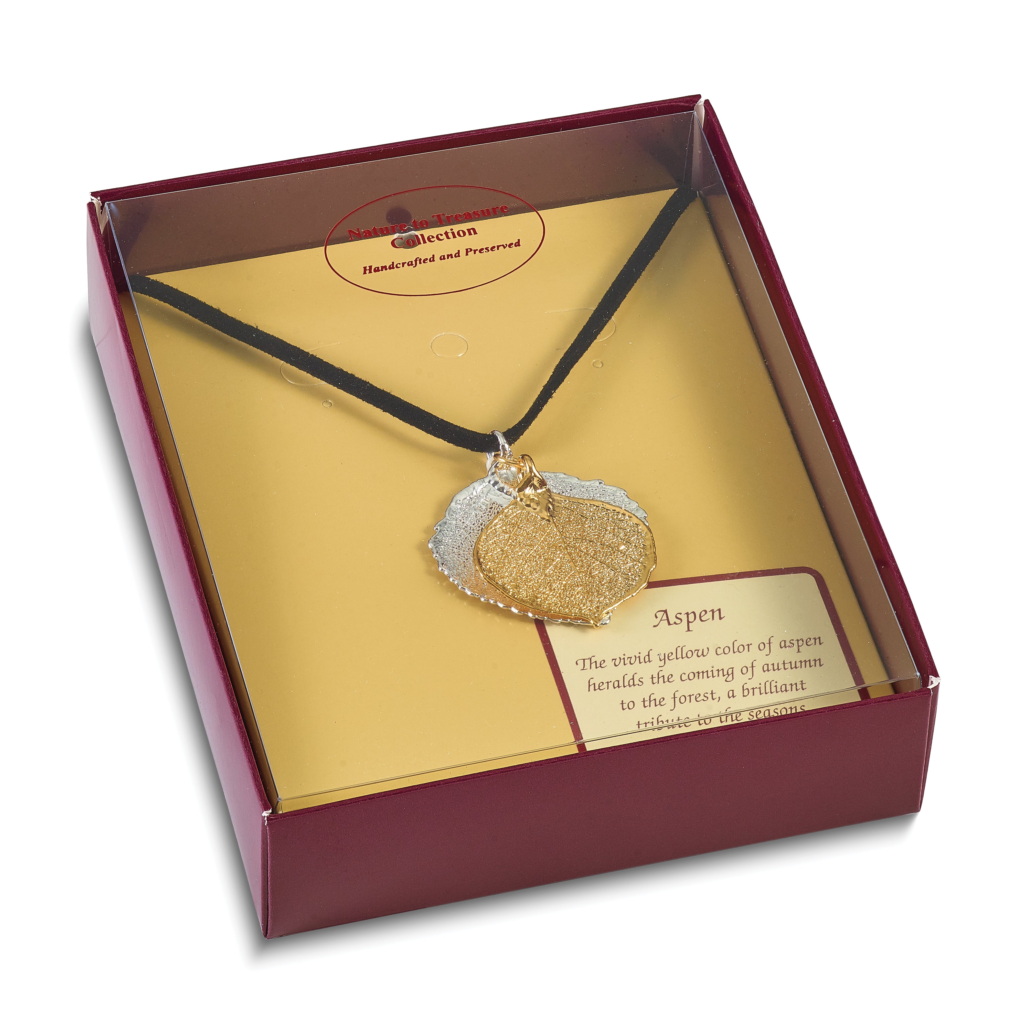 Silver and 24k Gold Dipped Double Real Aspen Leaves 20 inch Leather Cord Necklace