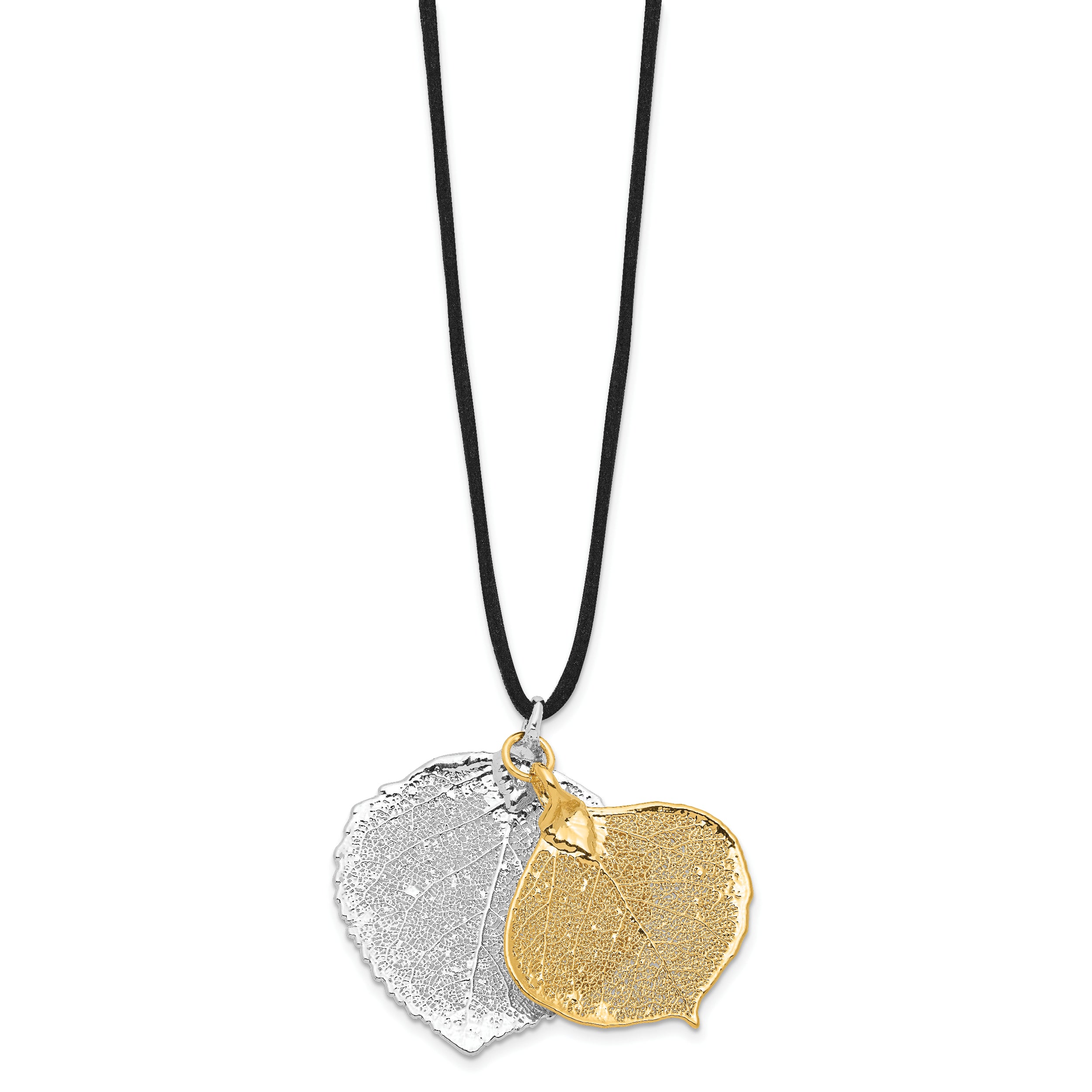 Silver and 24k Gold Dipped Double Real Aspen Leaves 20 inch Leather Cord Necklace