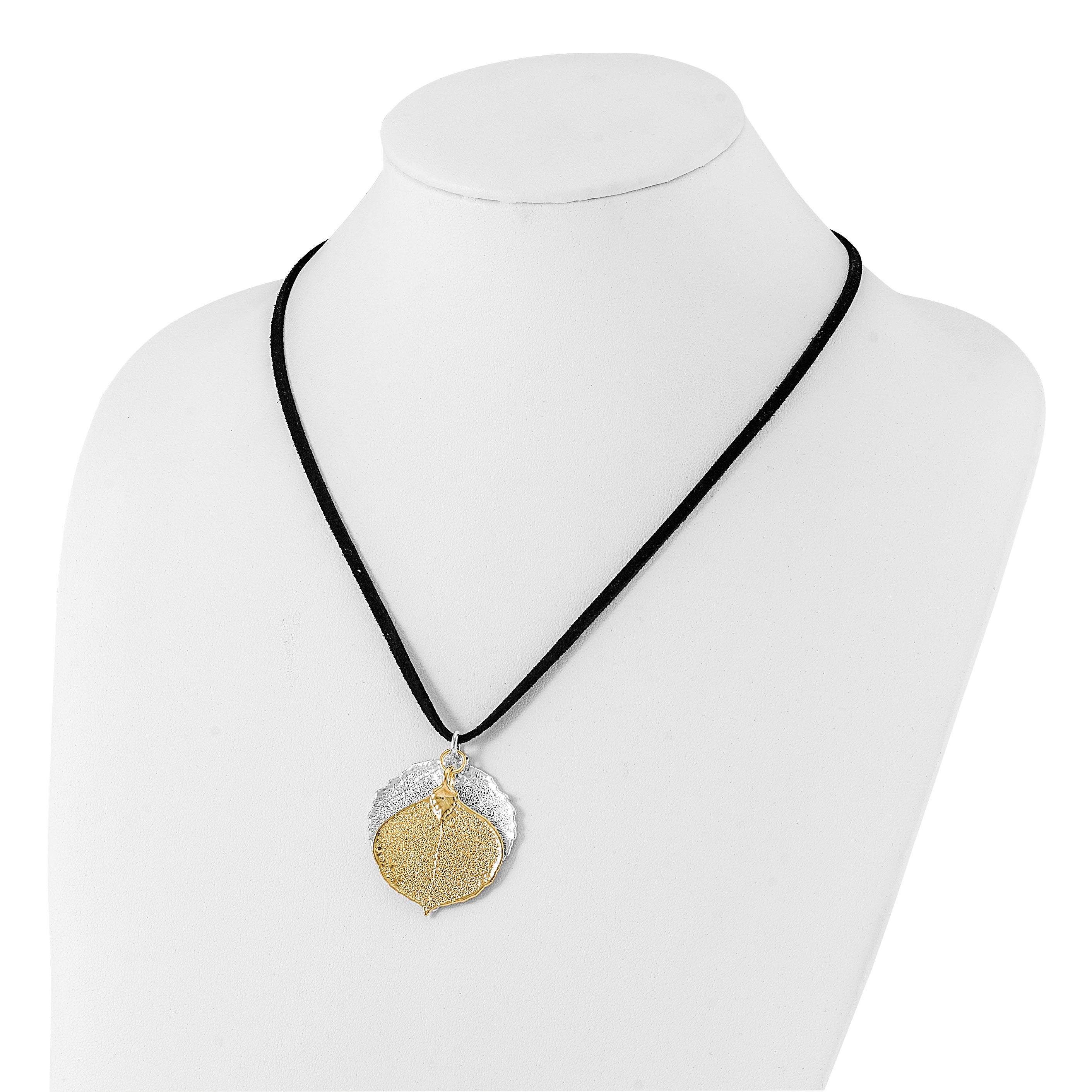 Silver and 24k Gold Dipped Double Real Aspen Leaves 20 inch Leather Cord Necklace