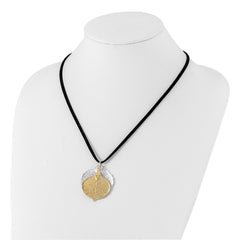 Silver and 24k Gold Dipped Double Real Aspen Leaves 20 inch Leather Cord Necklace