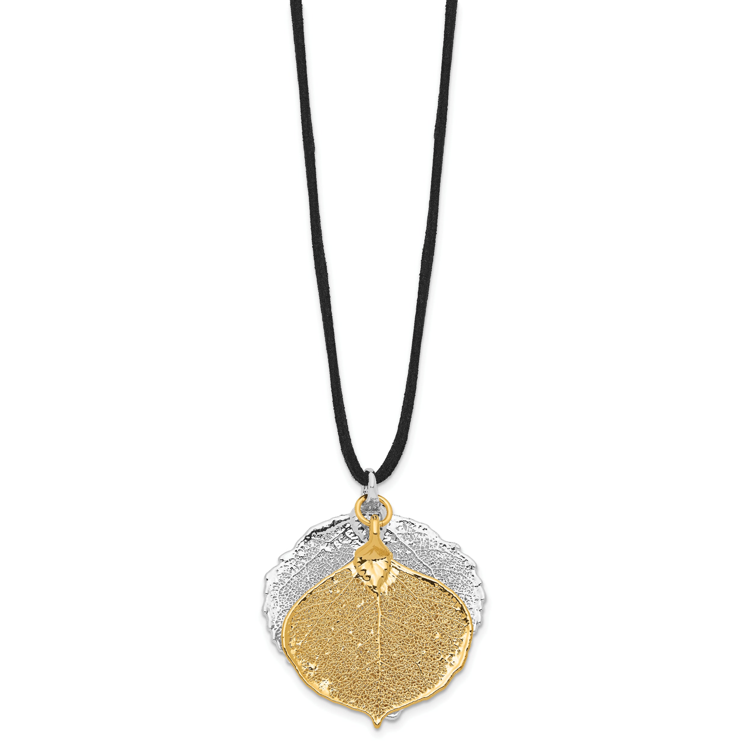 Silver and 24k Gold Dipped Double Real Aspen Leaves 20 inch Leather Cord Necklace